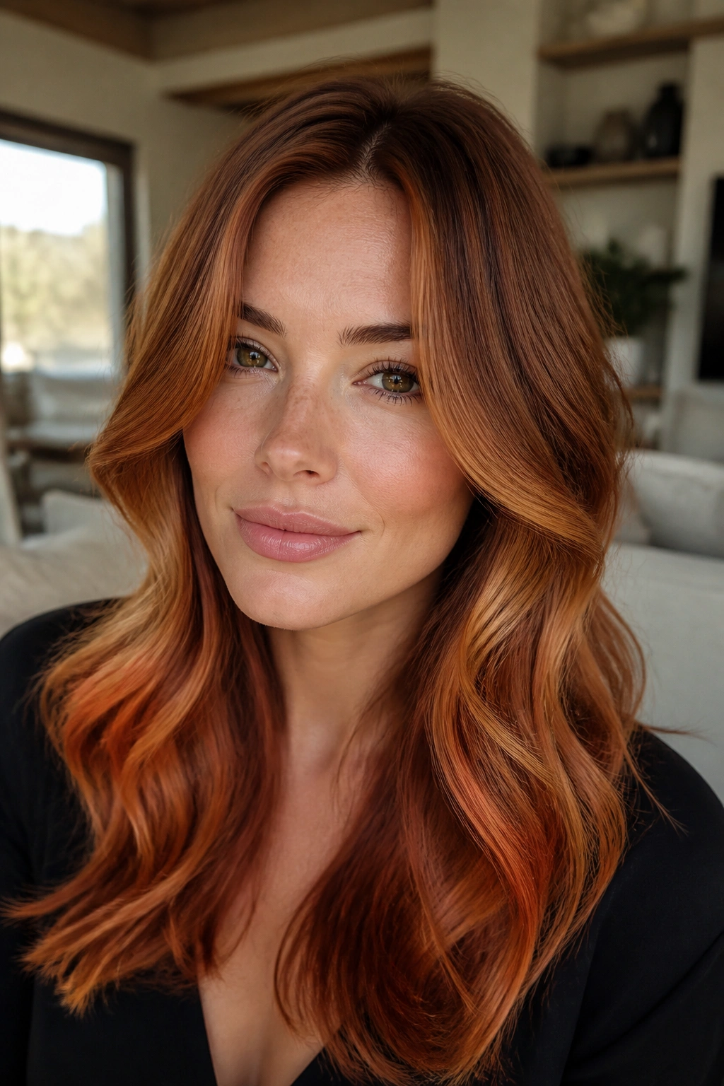 Close-up of a real woman with copper-caramel auburn waves framing the face