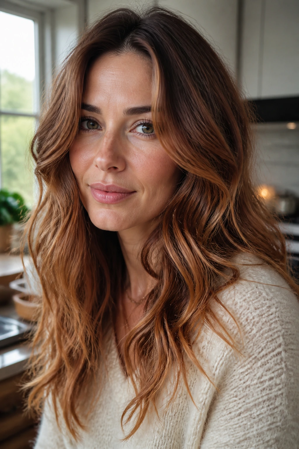 Close-up of brunette with copper caramel blend hair