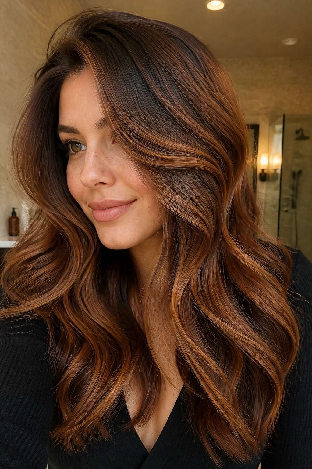 Close-up of copper-caramel crossover highlights on brown hair