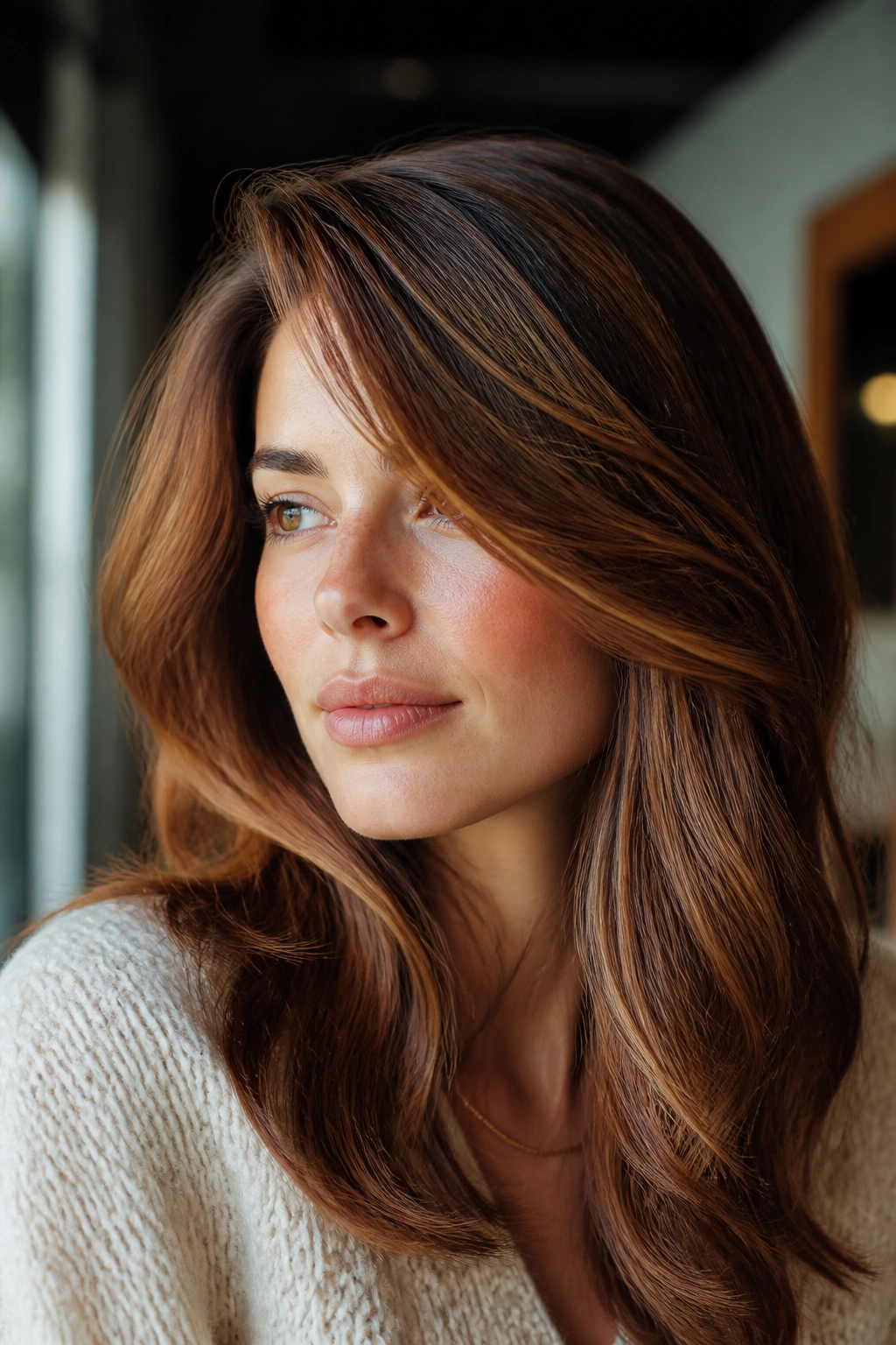 Close-up portrait with copper caramel highlights and soft shine