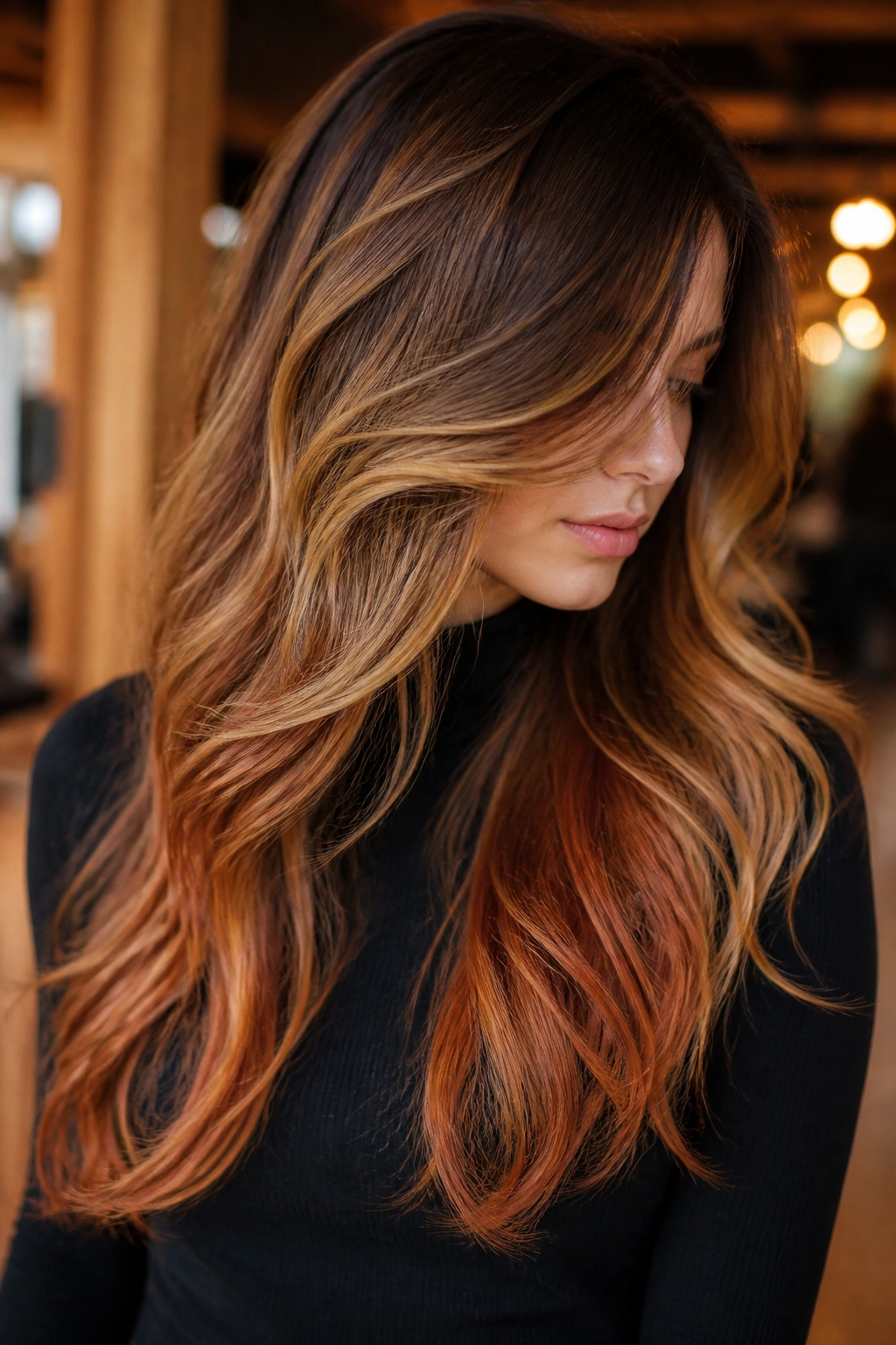 Portrait of a real woman with layered long hair showing copper and caramel tones