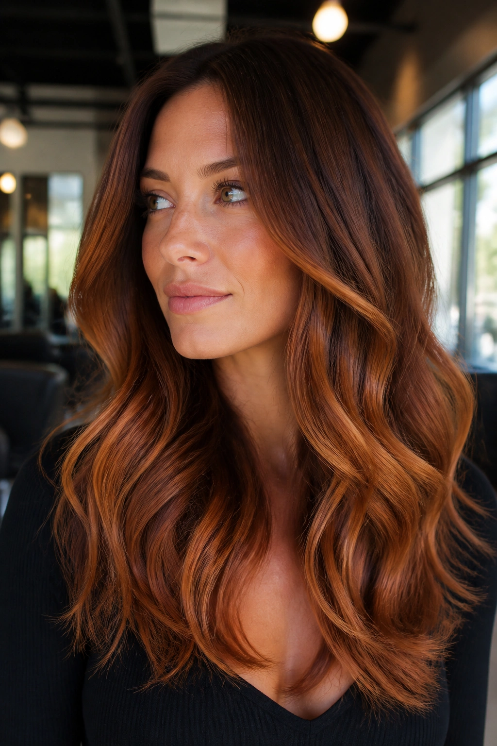 Close-up of a real woman with copper caramel melt on warm brunette hair