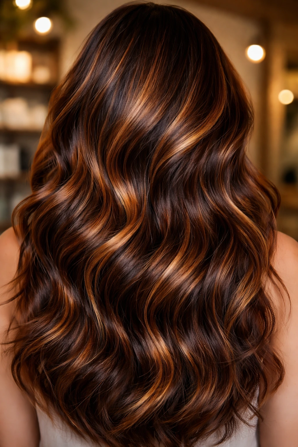 Close-up of hair with copper and caramel blend on dark brown base