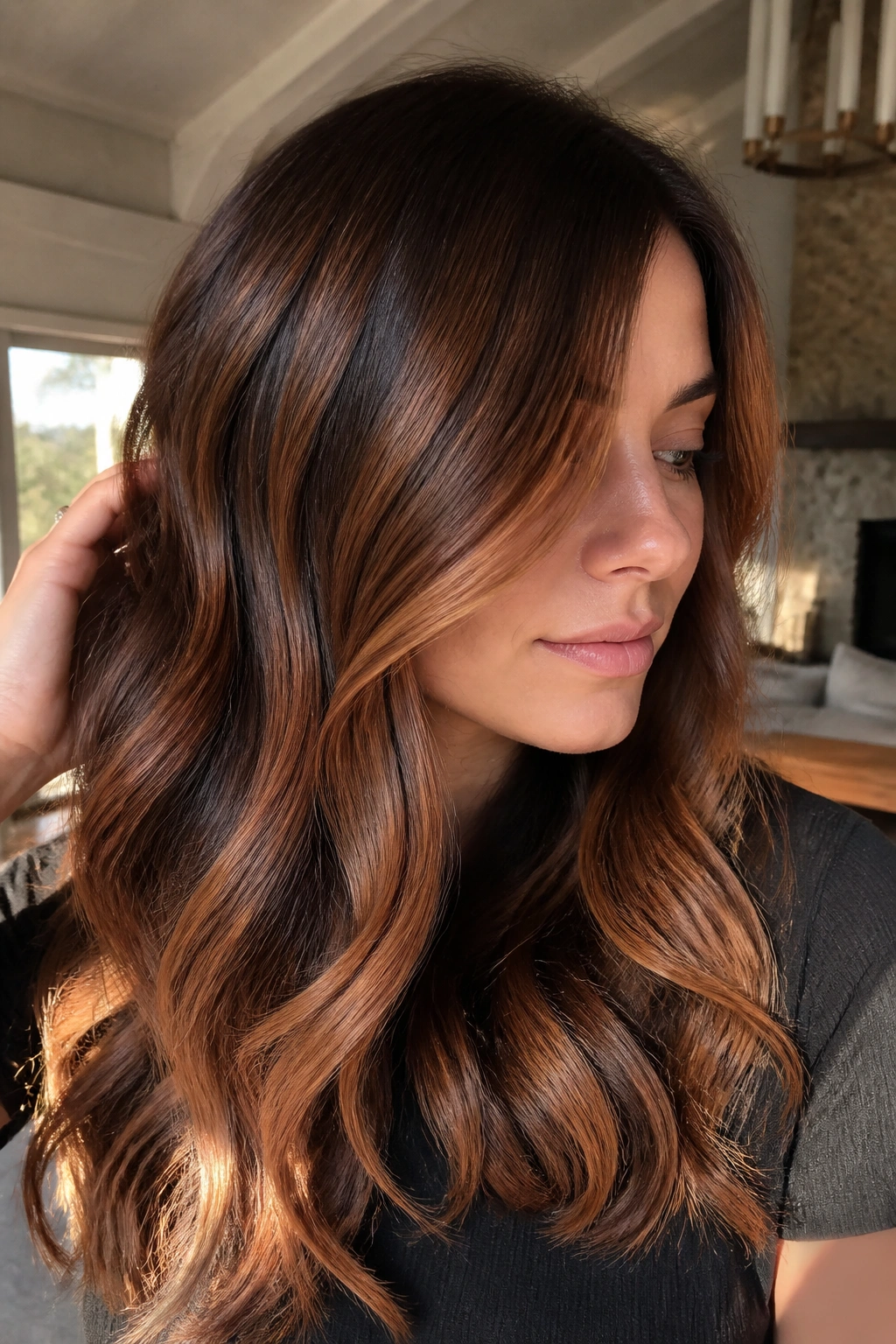 Hair with copper and caramel ribbons on a brown base