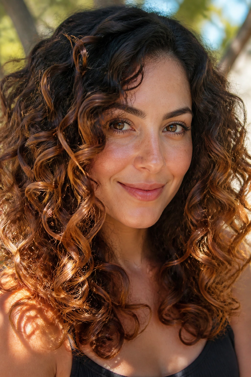 Close-up of curly hair with copper caramel ribbons on a real woman