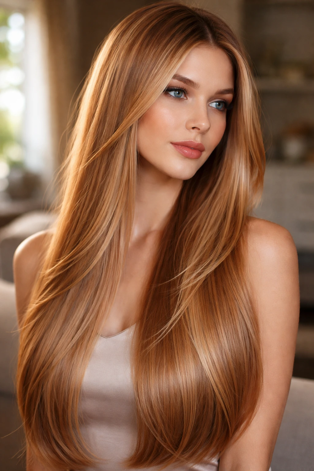 Close-up portrait of a real woman with long straight copper cashmere blonde hair, beige edges, natural window light