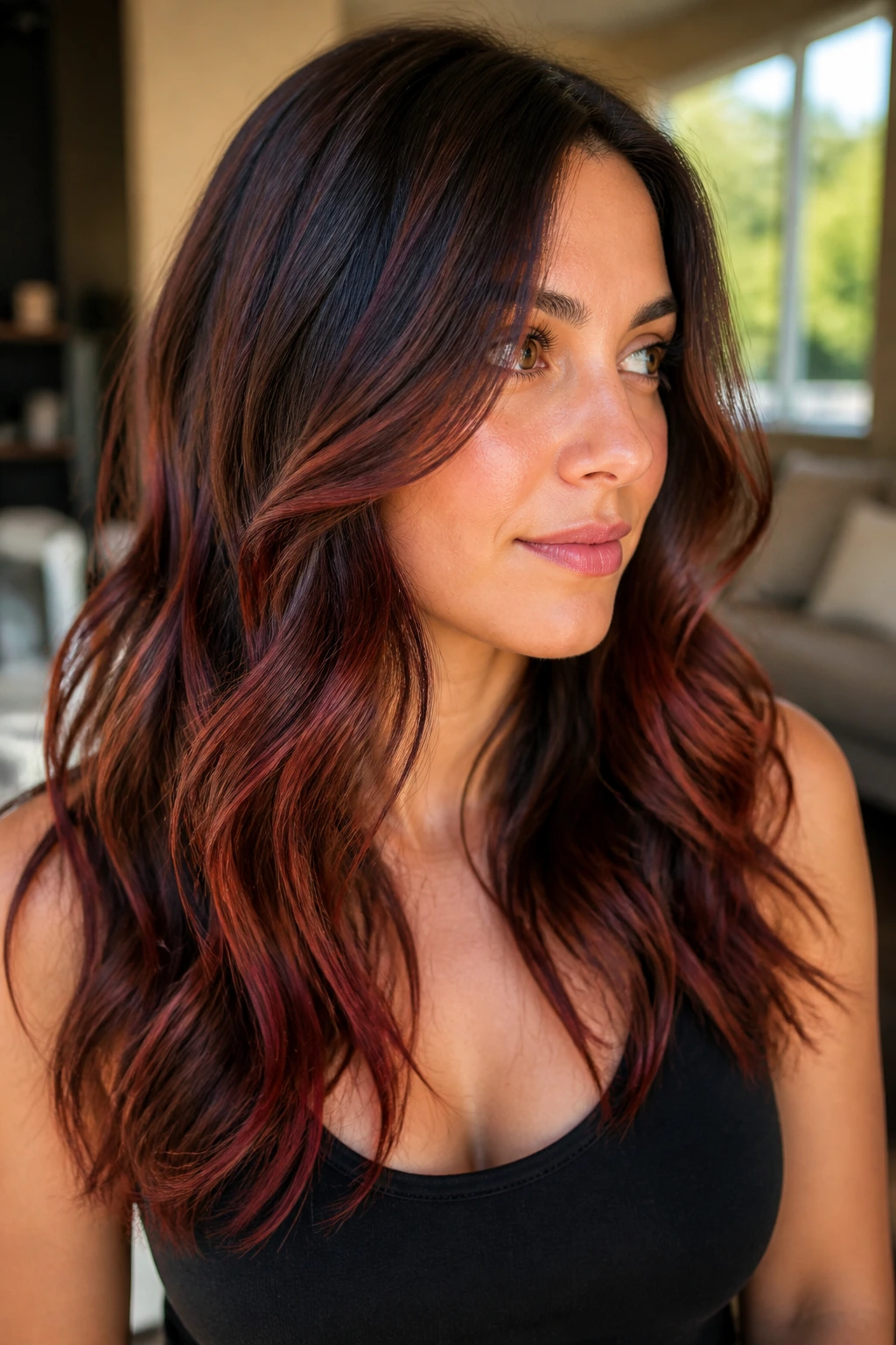 Close-up of a real person showing warm brown hair with copper-cherry blend highlights