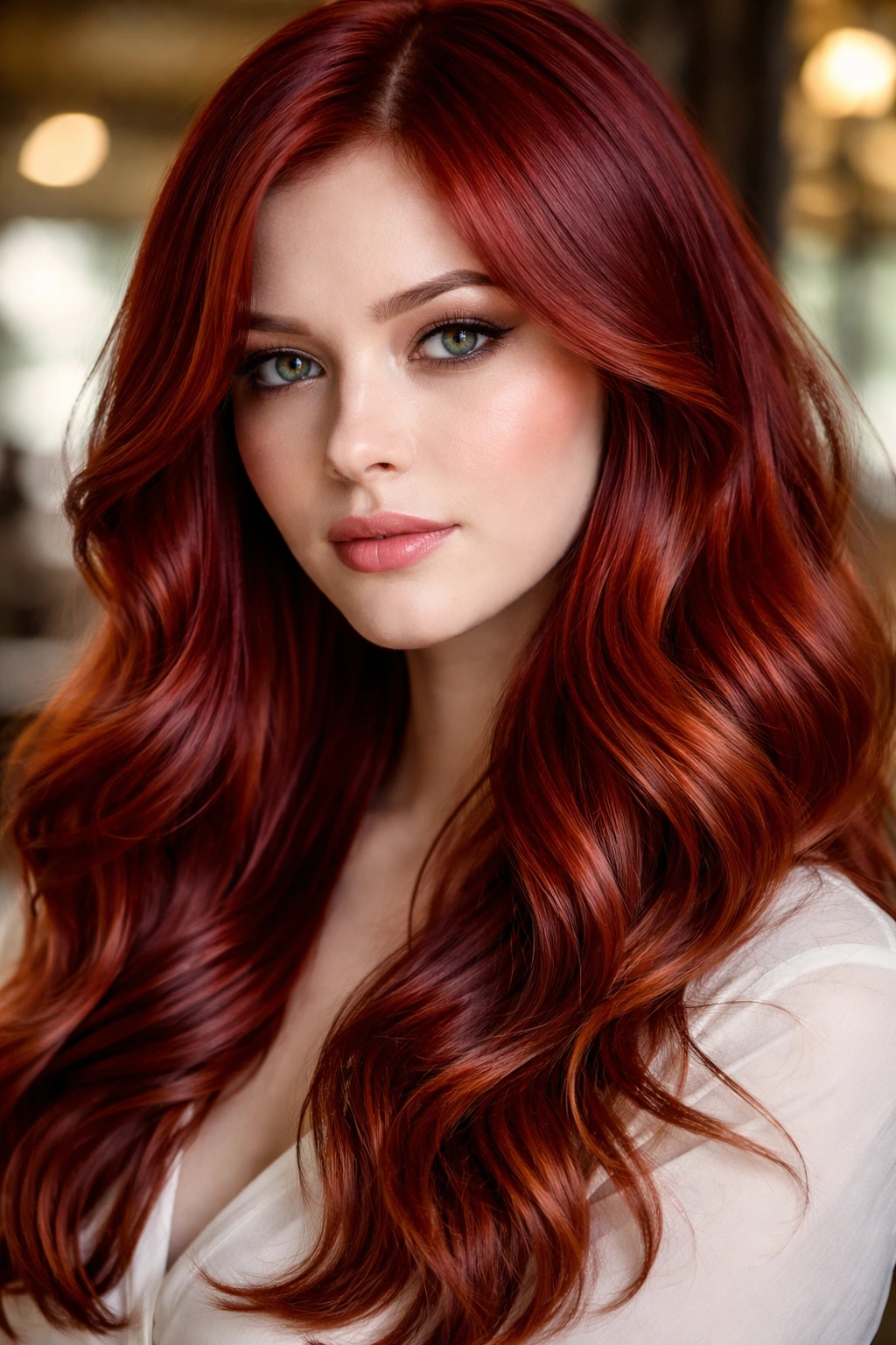 Portrait of a real person with copper-cherry hair in warm daylight