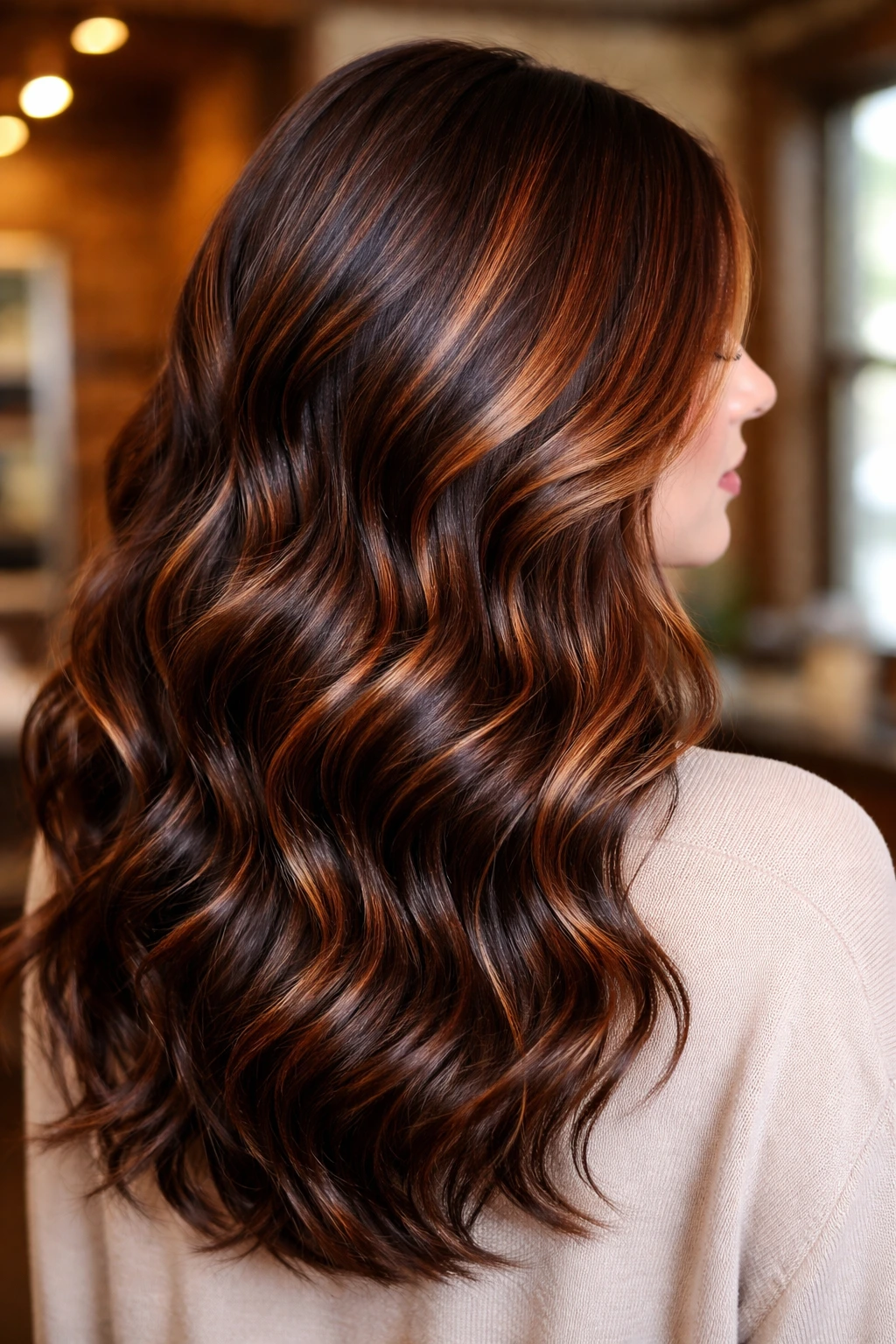 Close-up portrait of copper-chocolate blend hair on a real person