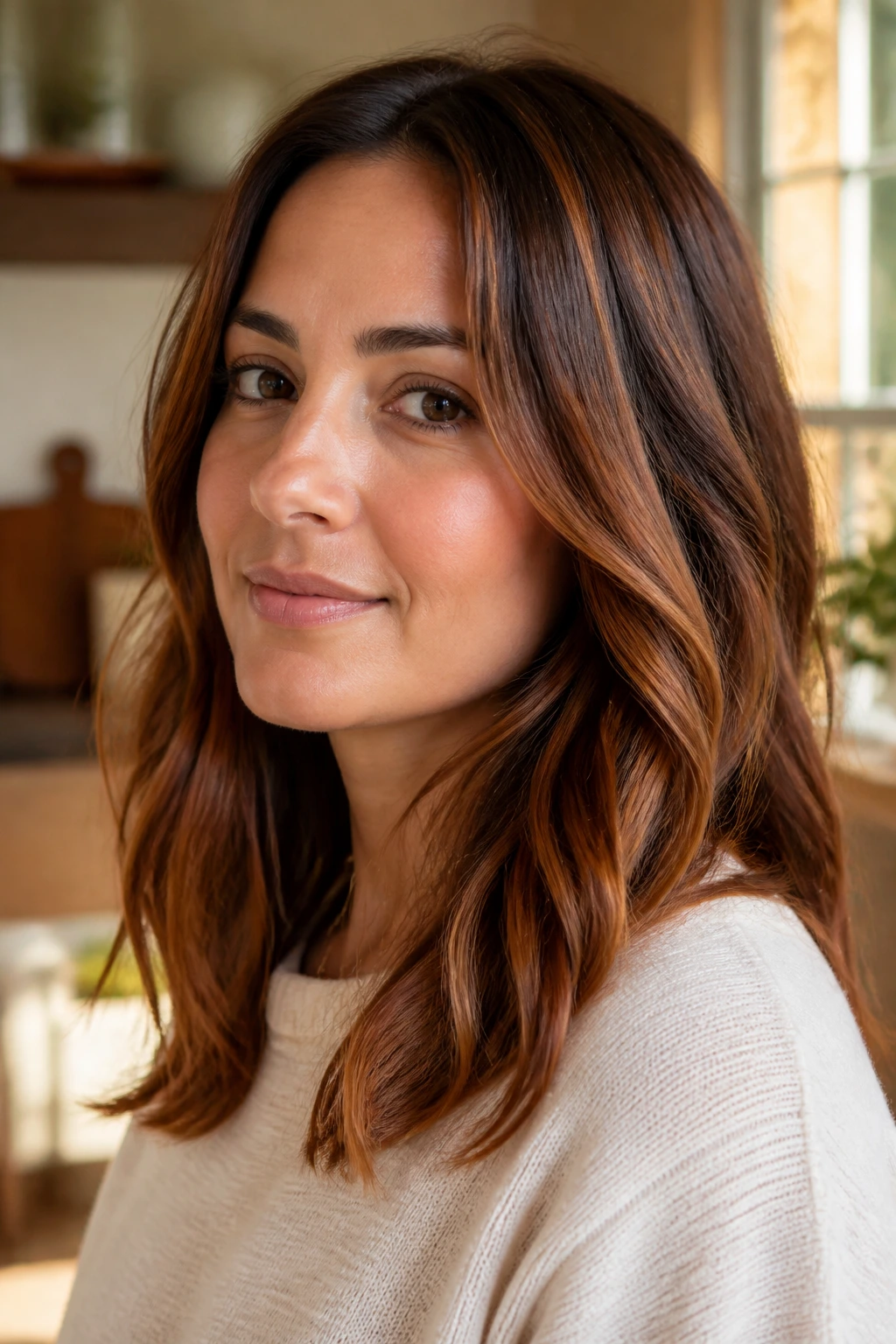 Close-up of a real woman showing copper and cinnamon highlights on warm brown base