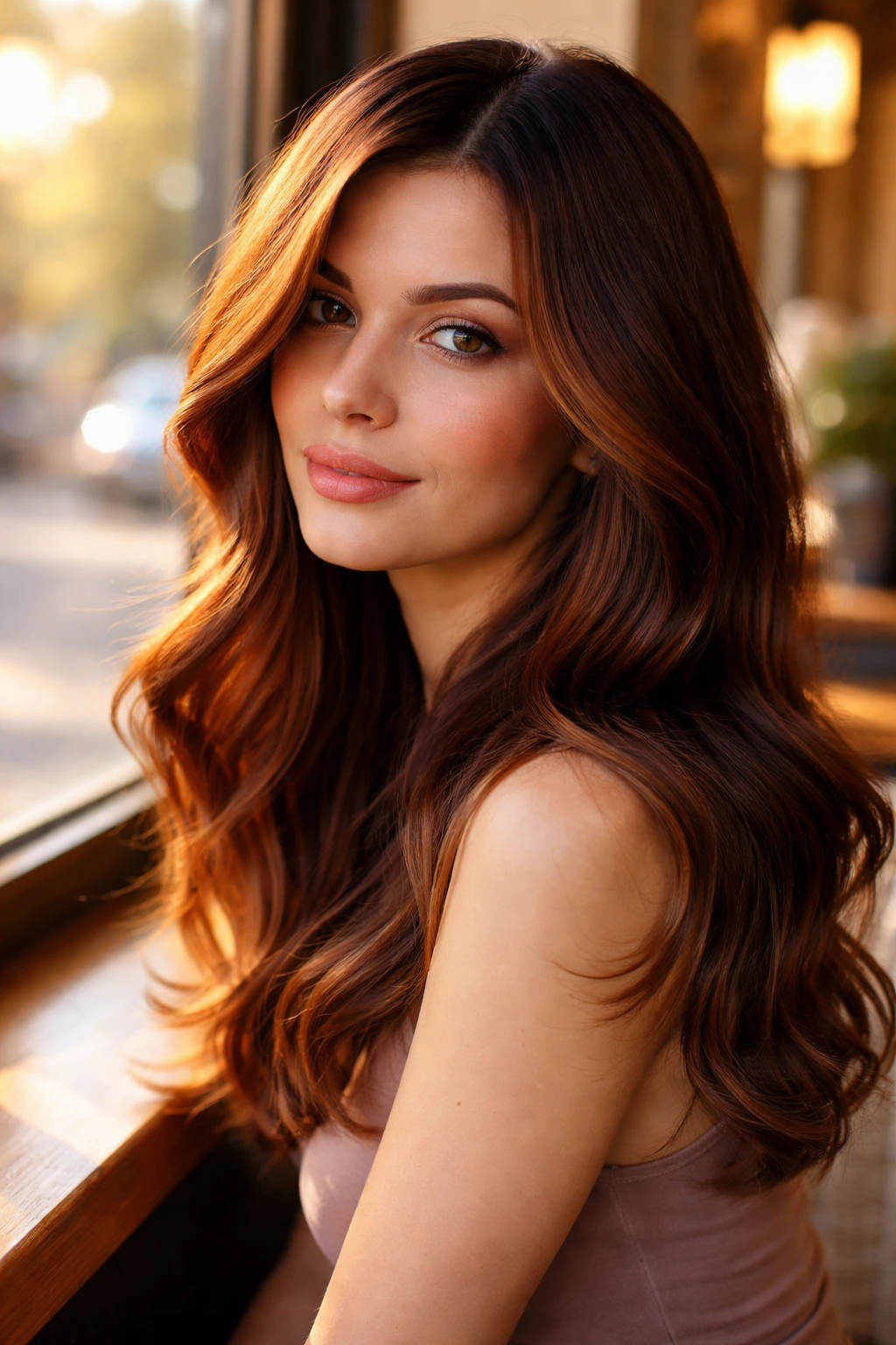 Real woman with copper cinnamon melt hair color