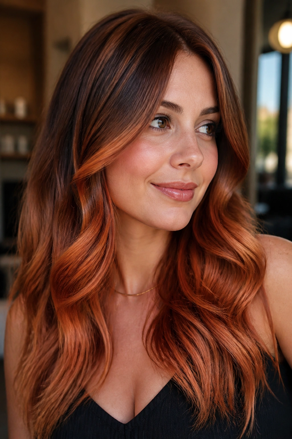 Close-up of copper cinnamon melt hair color on a real person