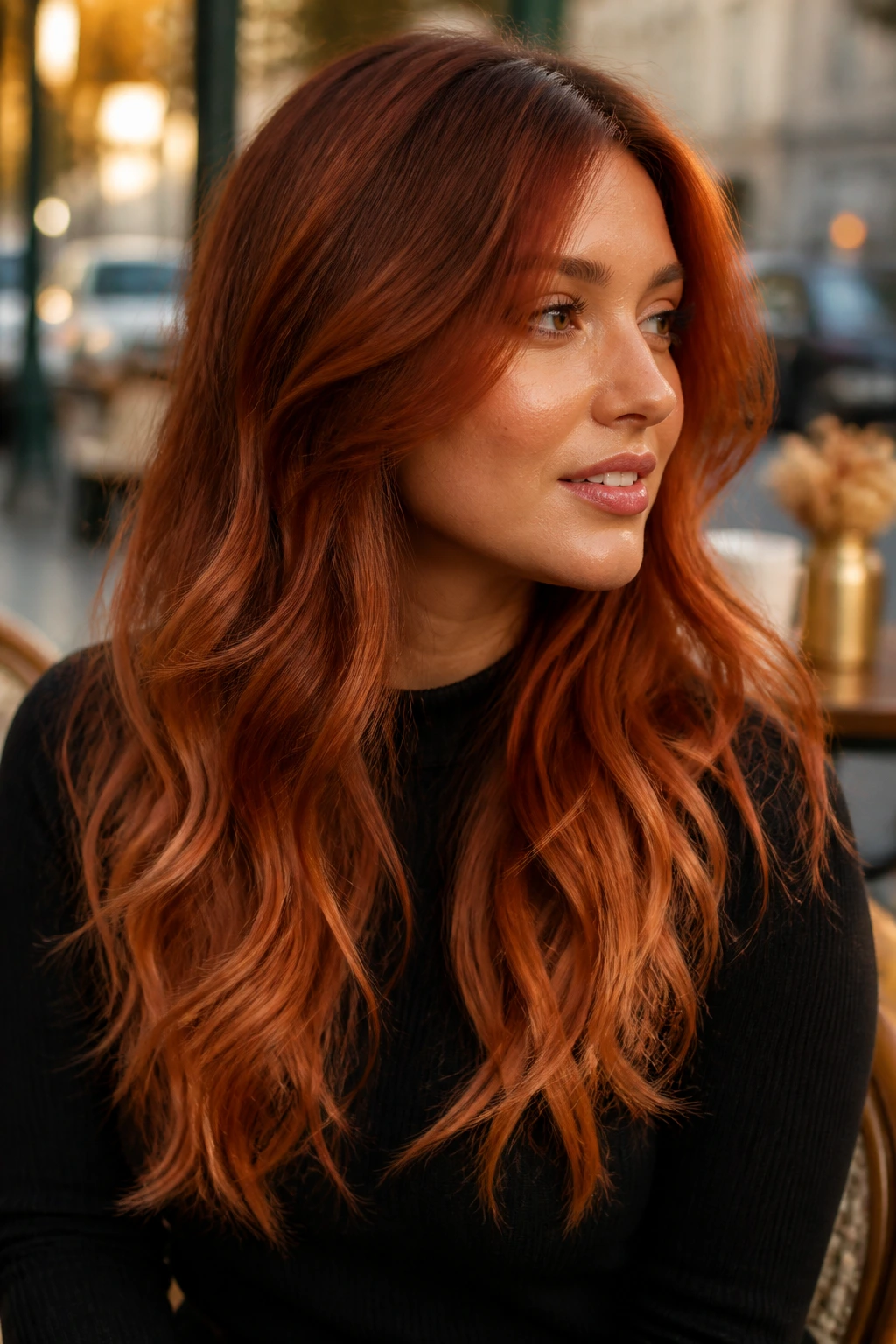 Close-up portrait of a real woman with copper cinnamon ombré hair