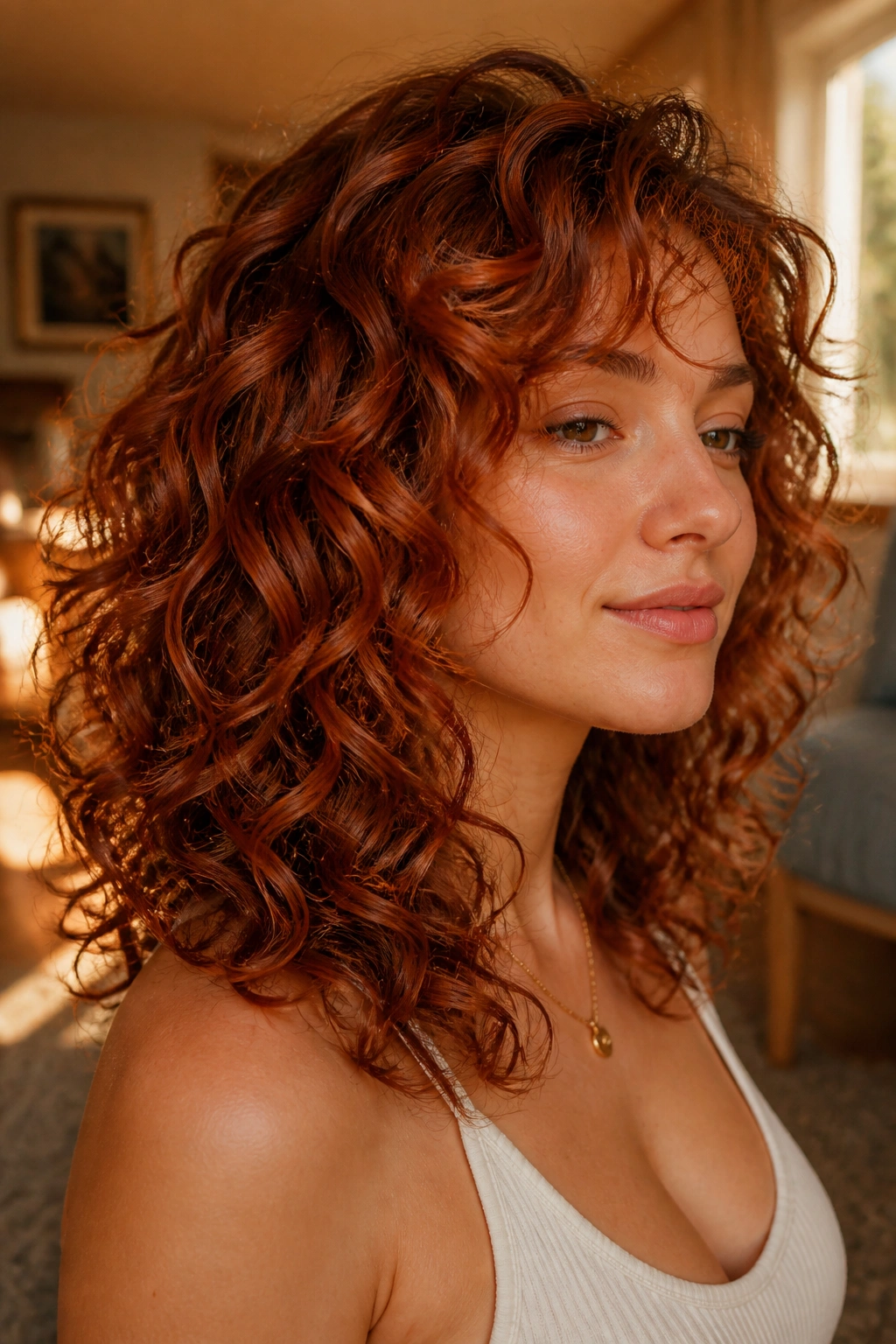 Close-up portrait of a real woman with copper clay layered curls, muted red-orange tones.