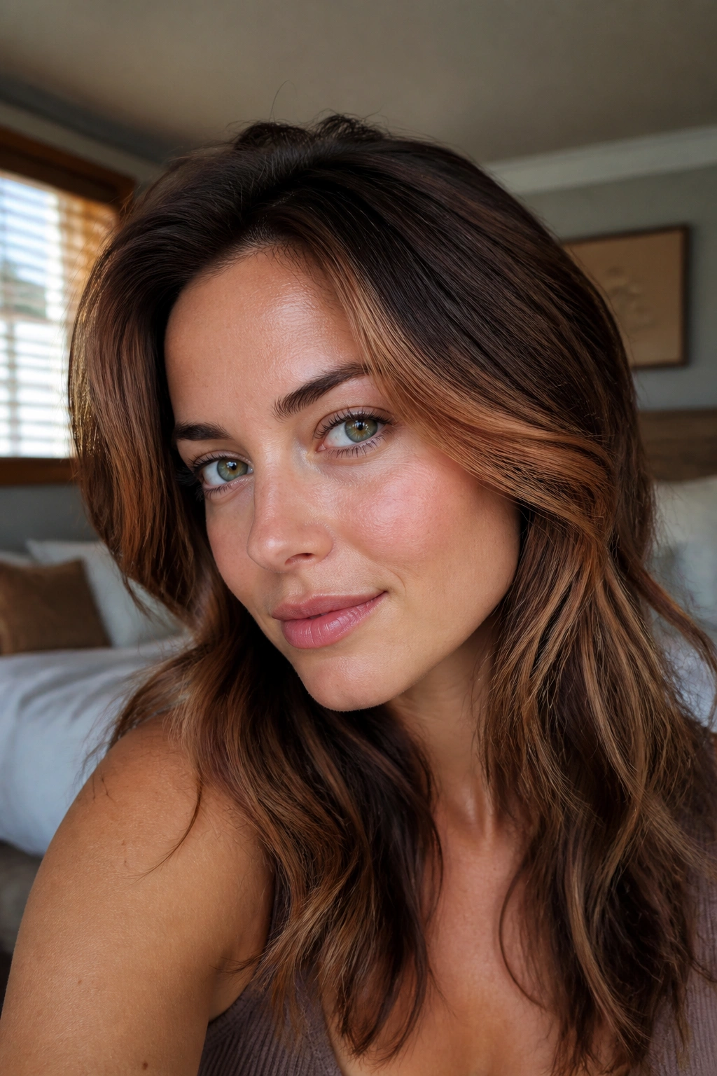 Close-up of a real woman's face showing copper contour highlights at temples and cheekbones