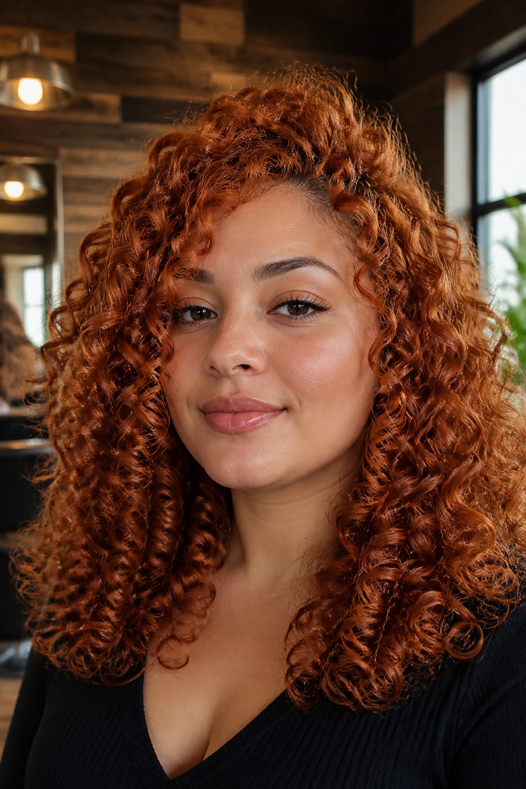 Close-up of copper spiral curls on a real woman's head with a round face.