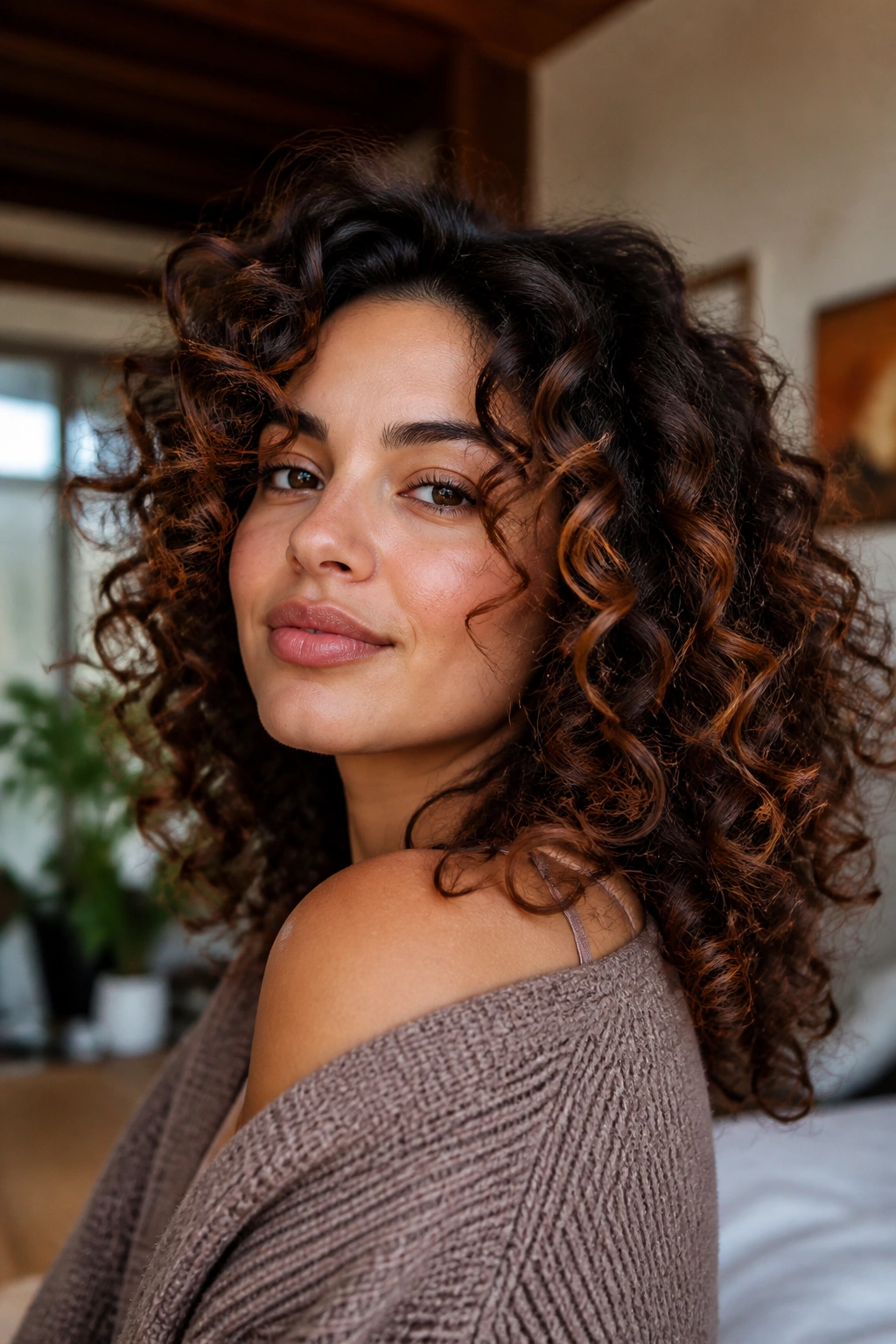 Close-up of a real woman with copper highlights on curly hair around the face.