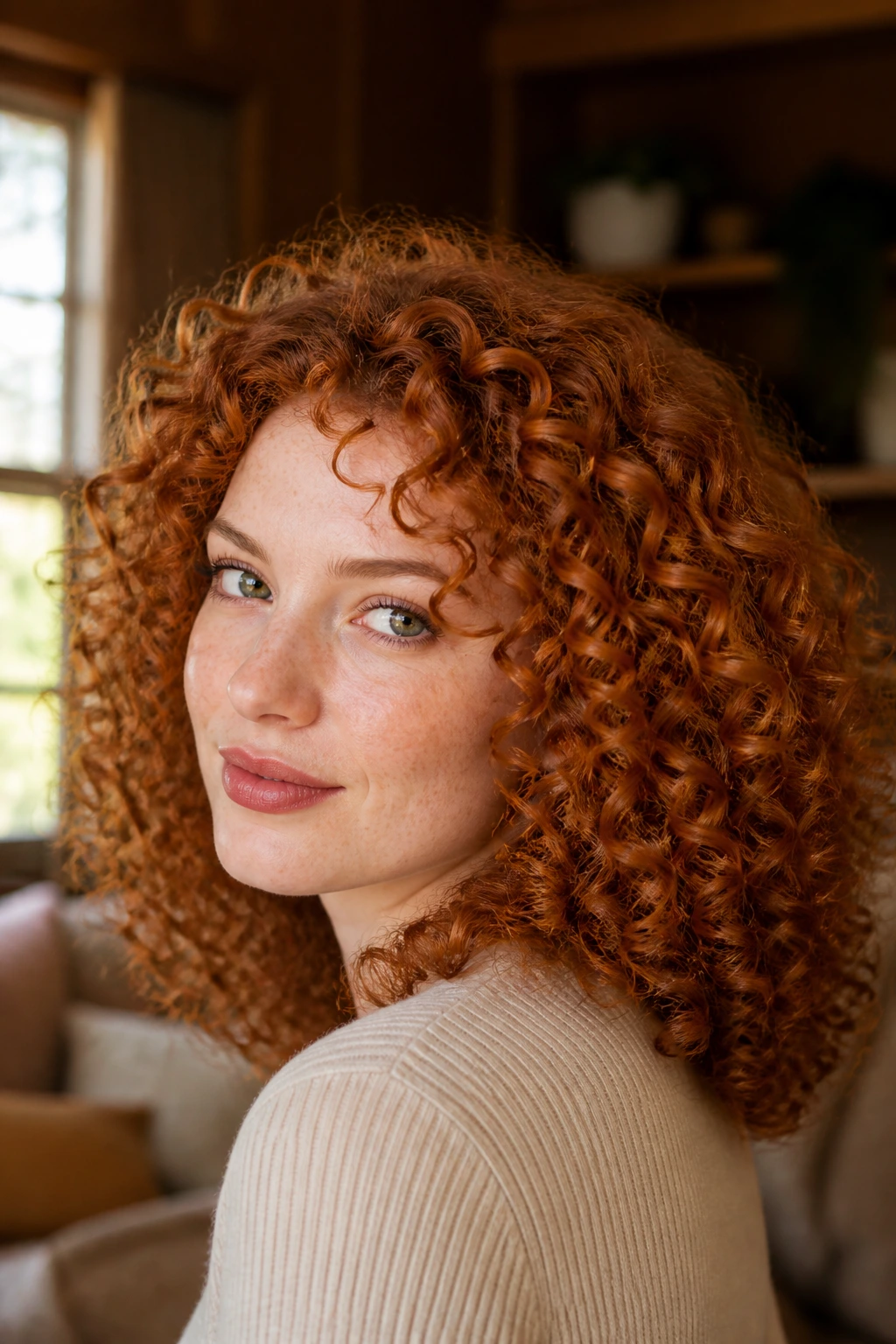 Close-up of a real person with bright copper coil curls catching warm light
