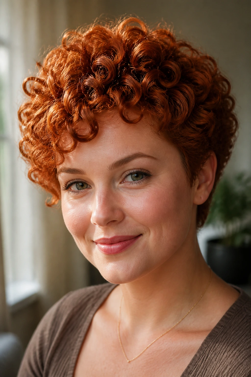 Close-up of copper curls with tapered crown on a real woman.