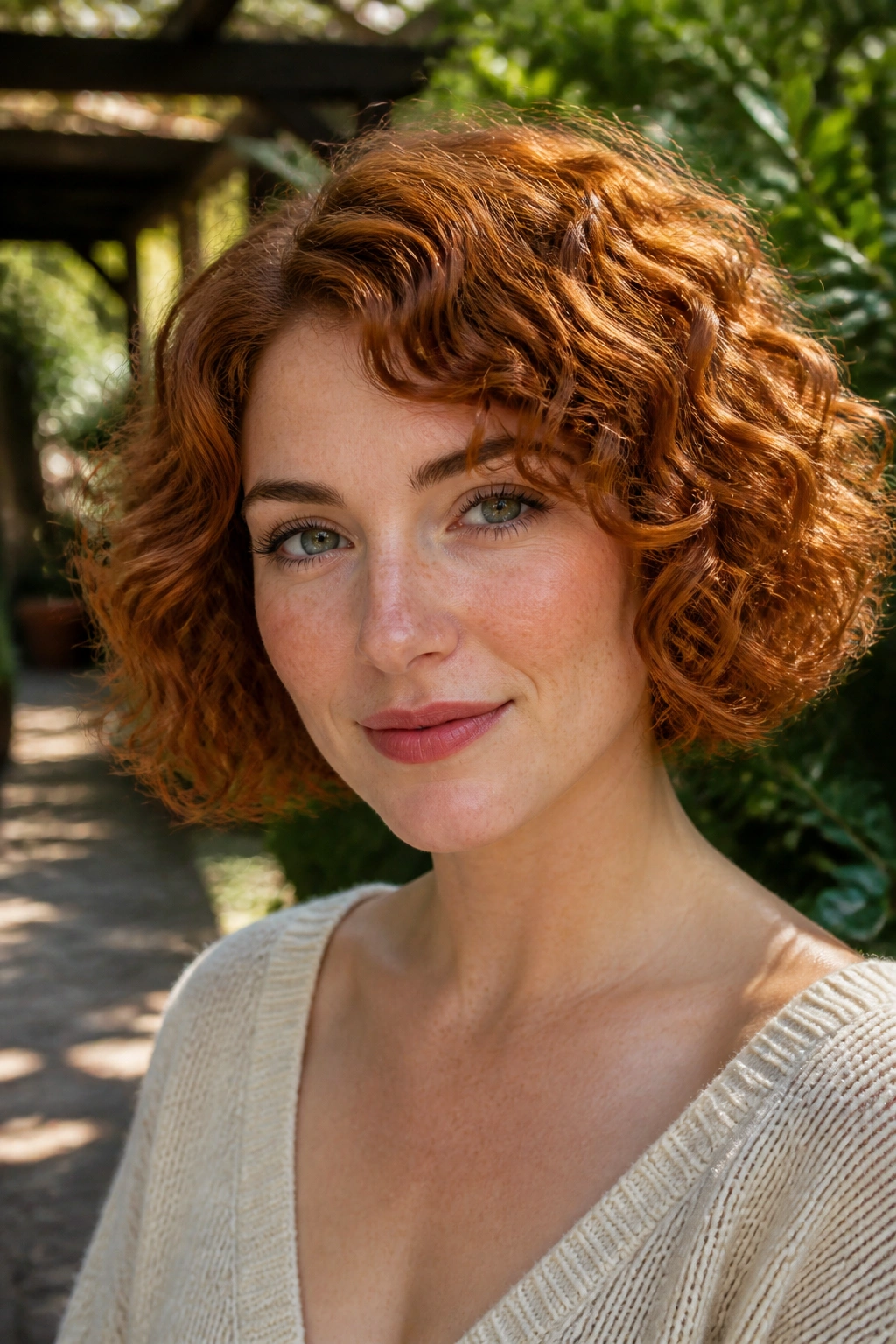Real woman with a copper curly bob, defined curls and warm highlights.