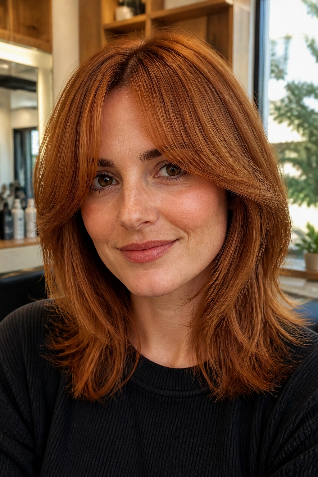 Close-up of a real woman with copper curtain bangs and shoulder-length layers.