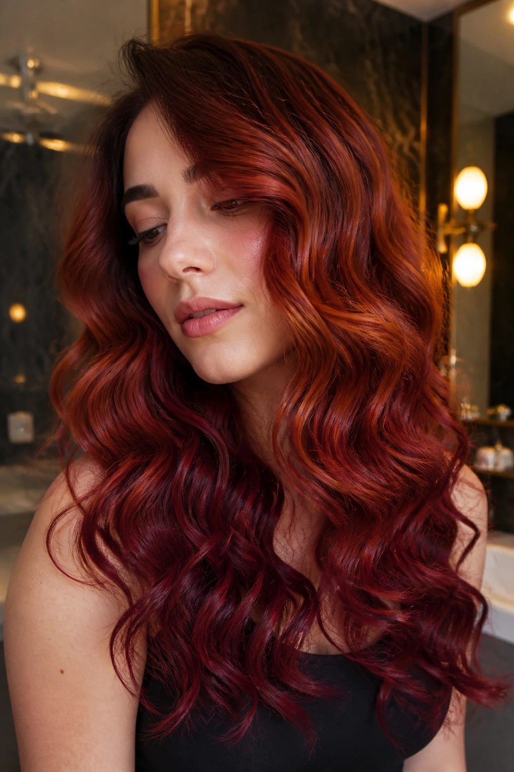 Close-up of S-curl hair gradient from copper to deep red on a real person