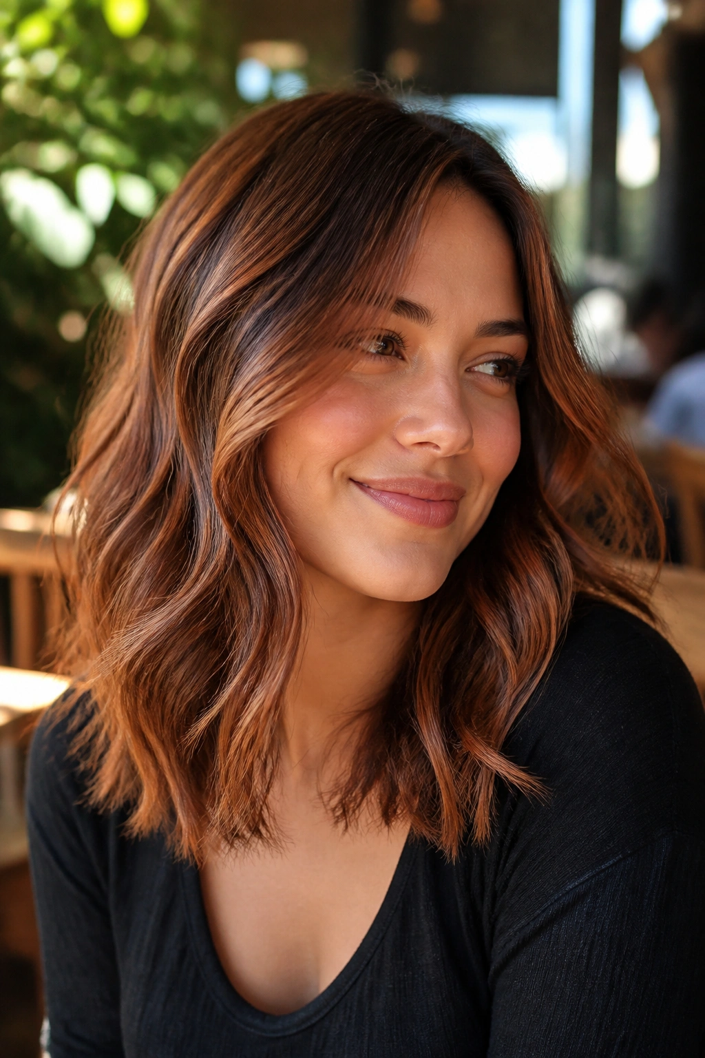 Portrait of a woman with medium-length hair featuring copper dimension