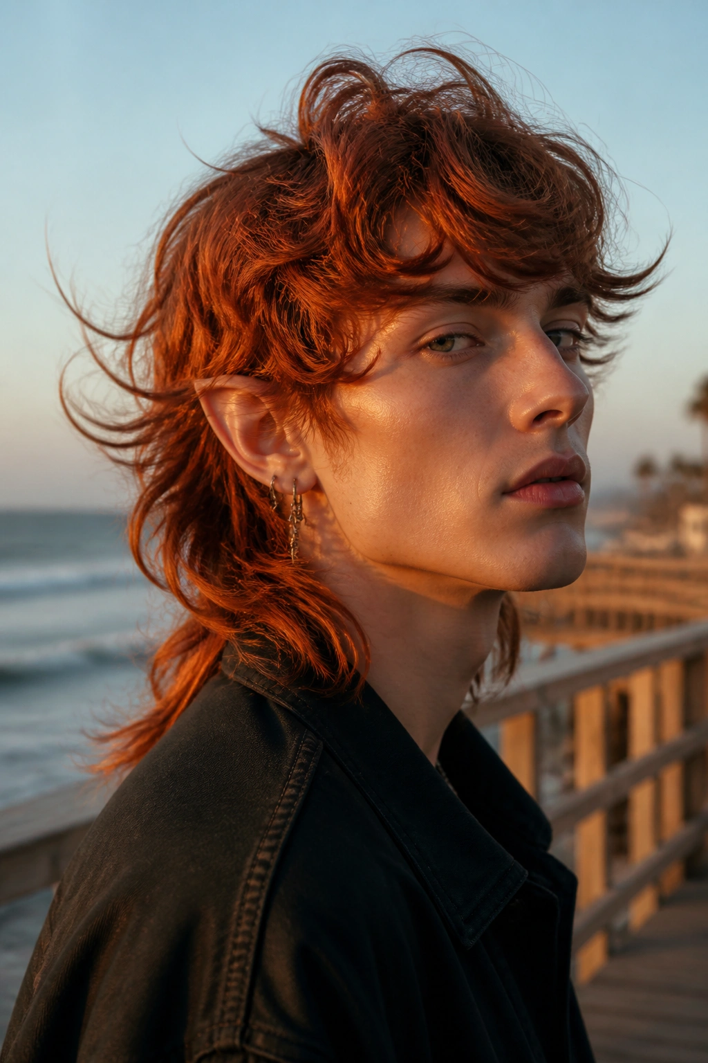Close-up portrait of real person with Copper Ember Wavy Elvish Shag Mullet showing copper waves and a long back.