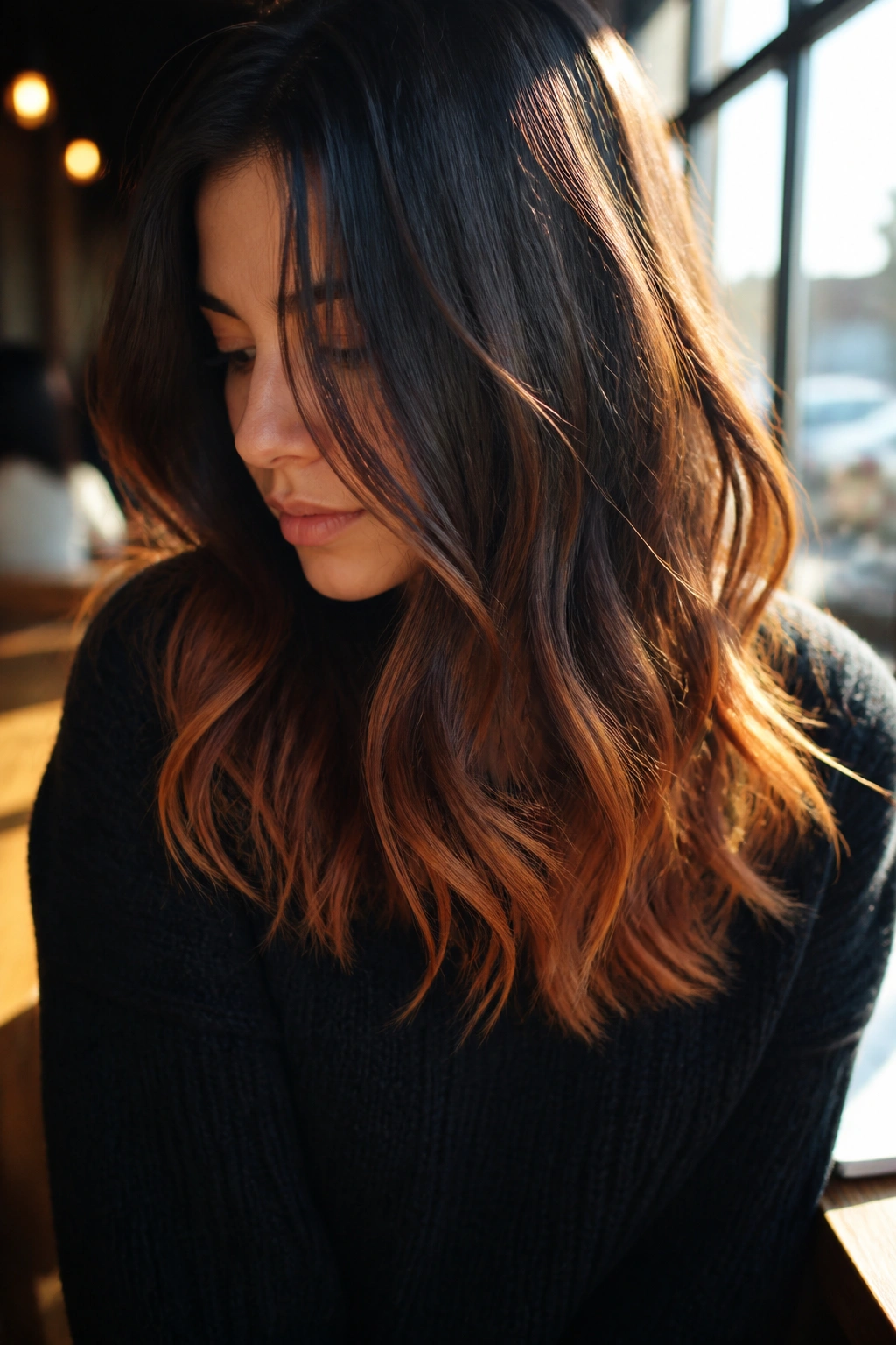 Hair with copper ends on medium-dark brown hair in warm light