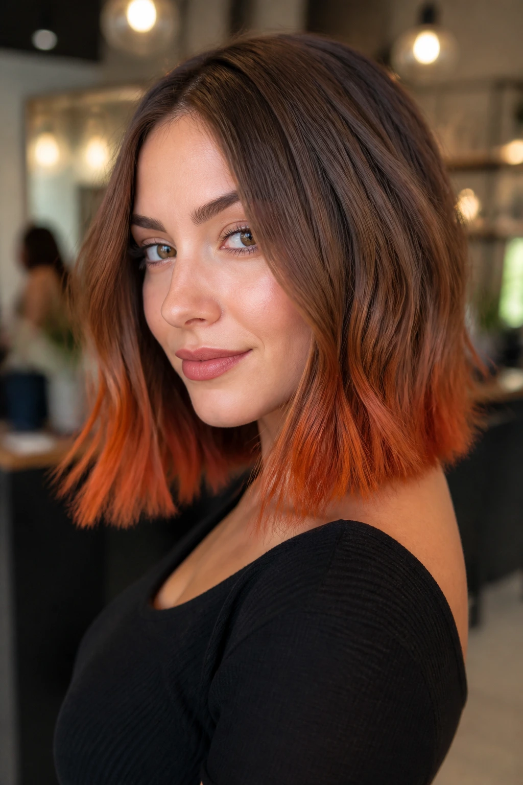 Close-up of a real woman showing bright copper ends on a blunt lob with a warm brown base