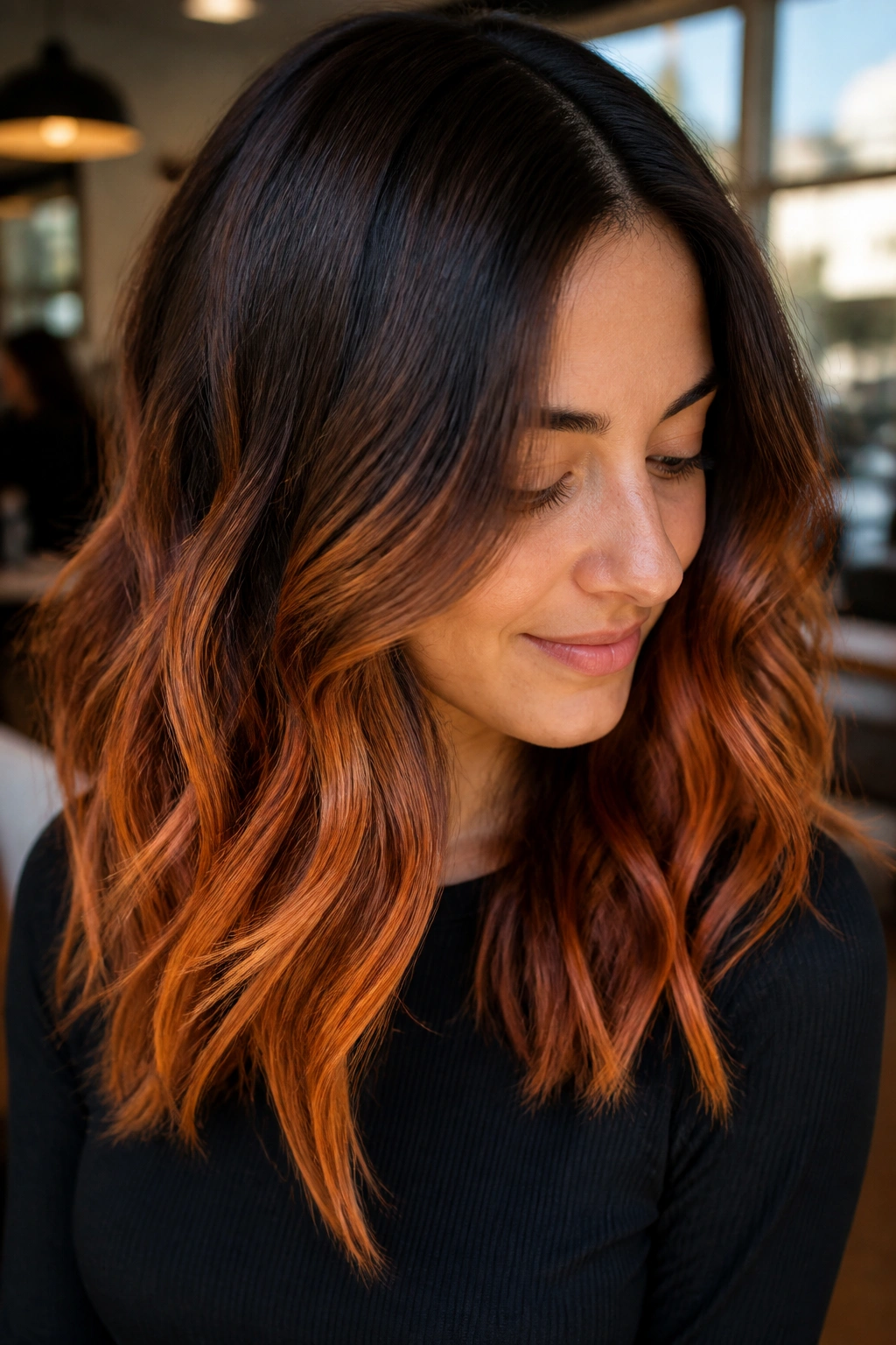 Hair with copper ends and shadow root on a real person
