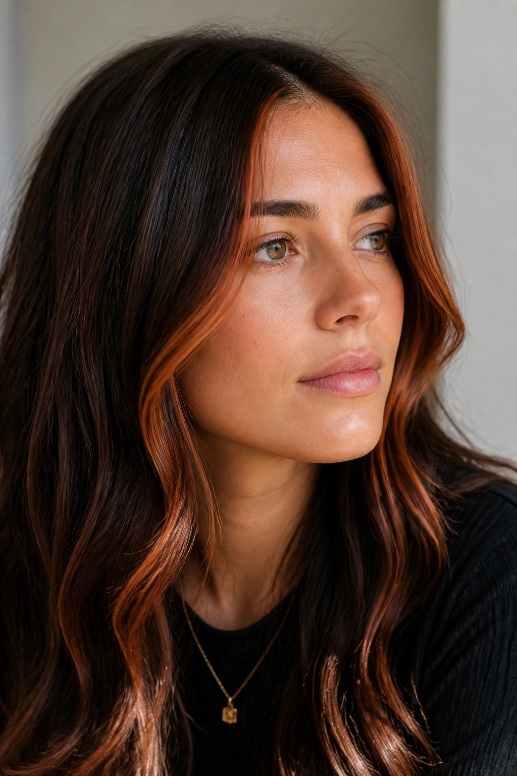 Close-up of brunette with copper face-framing lowlights around the cheeks and jaw