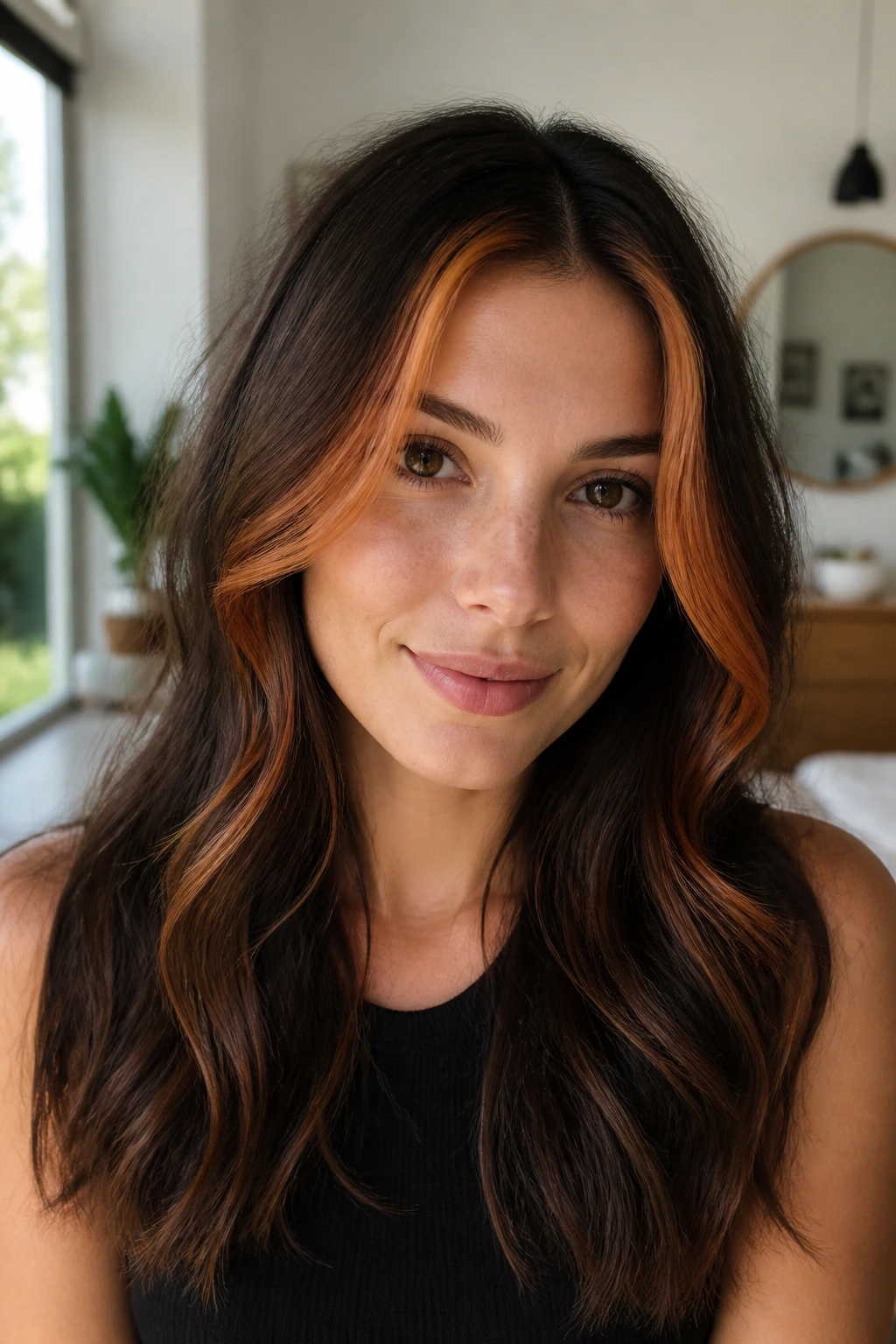 Close-up of a real woman showing copper face-framing pieces on brown hair