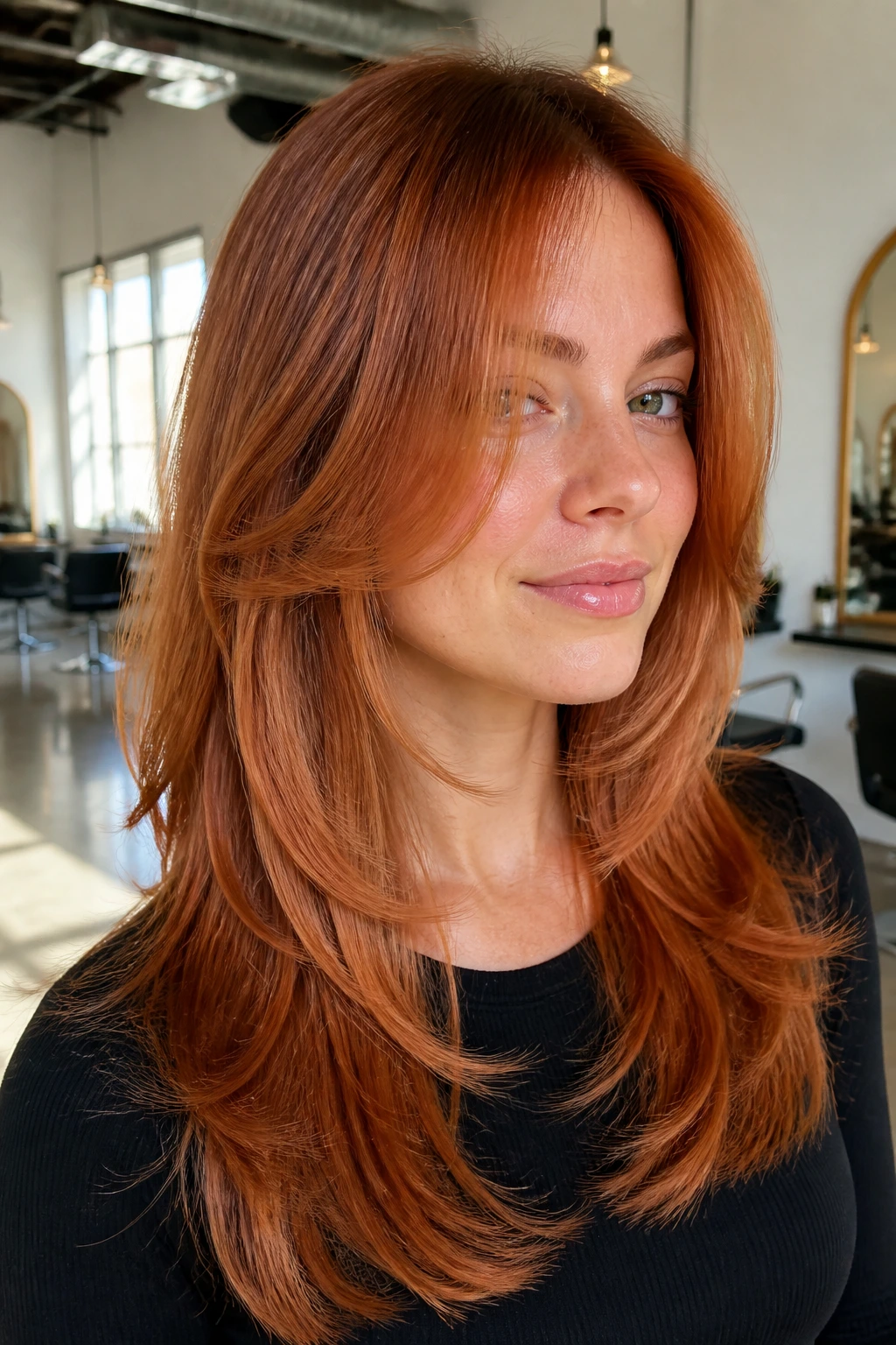 Close-up of a real person with copper face-framing butterfly cut in bright interior light