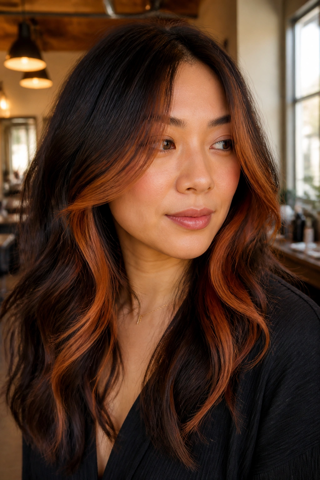 Portrait of a real person with copper face-framing hair around the cheeks