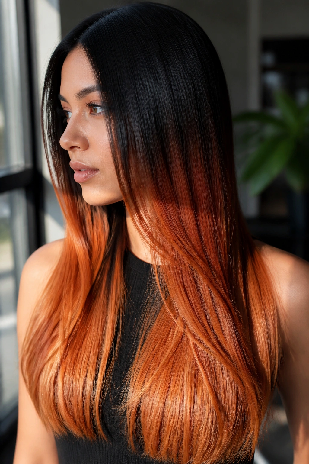 Close-up of a real woman with sleek straight hair and copper fade in bright light
