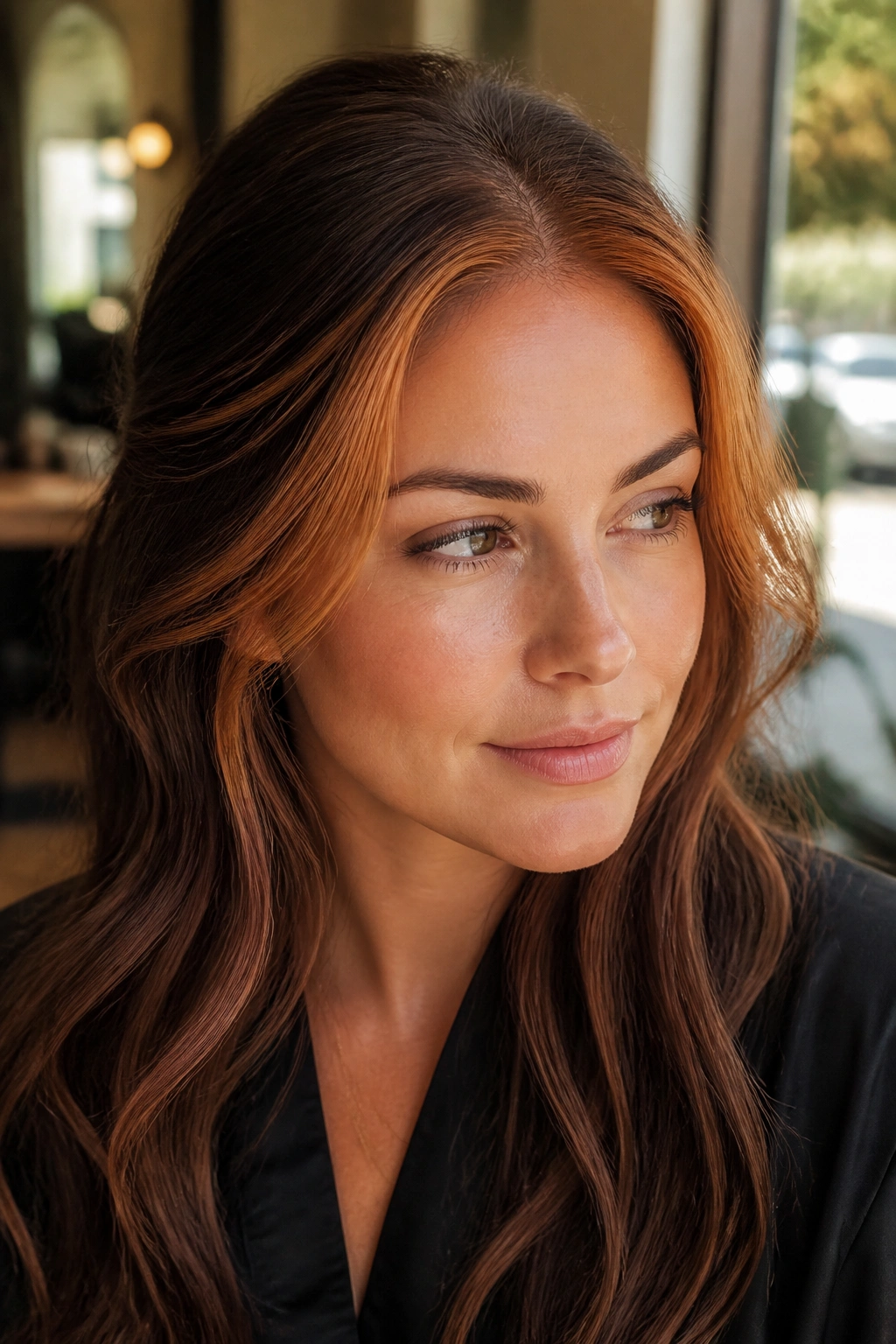 Close-up of a real woman with copper feathering at the hairline, airy wisps blending into the base.