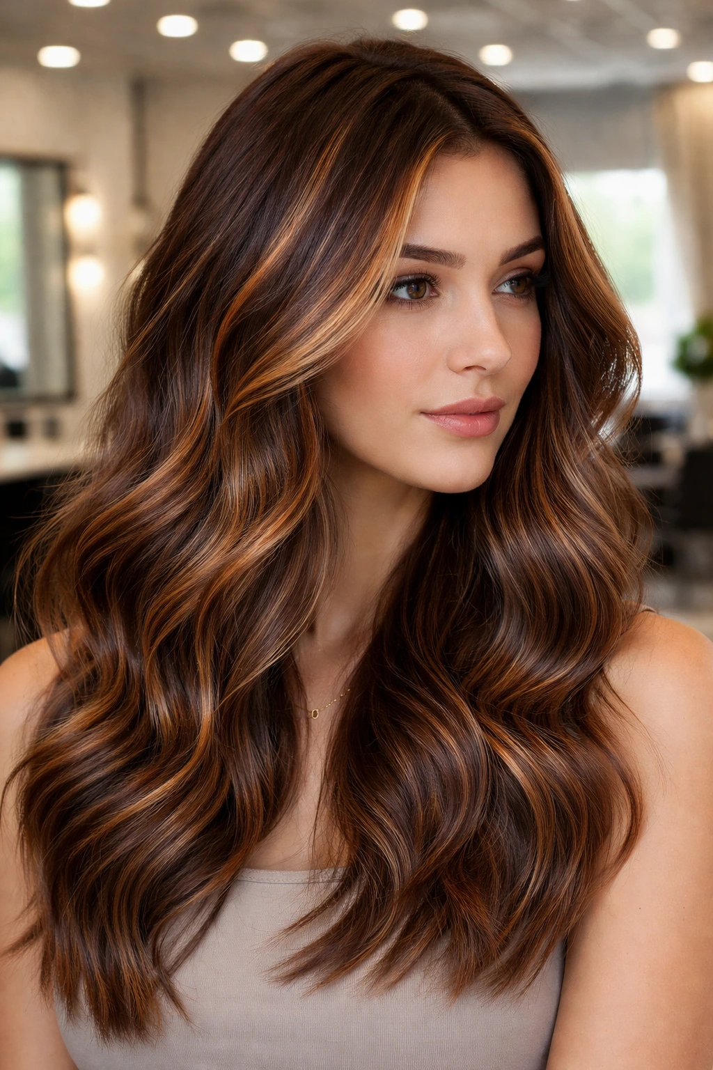 Close-up portrait of a real person with copper foliage-style streaks in brown hair