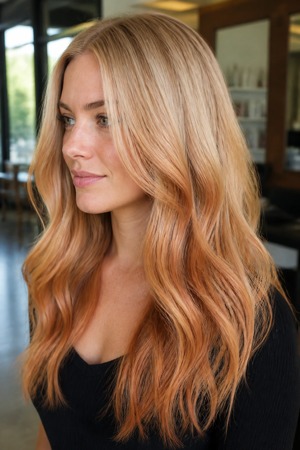 Real woman showing copper glaze on mid-lengths to ends over buttery blonde base.