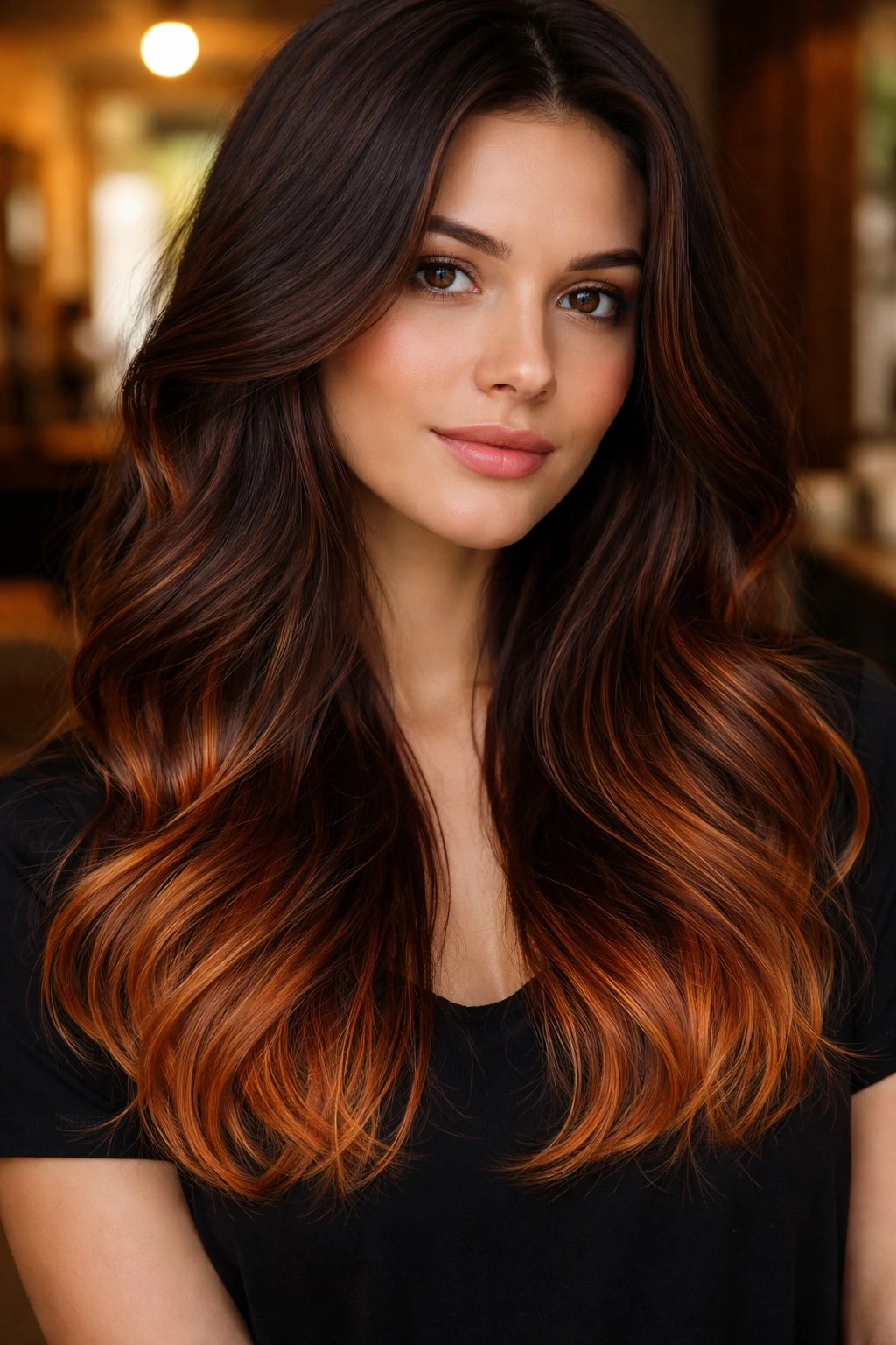 Close-up of brunette hair with copper glaze ends showing a subtle dip-dyed effect