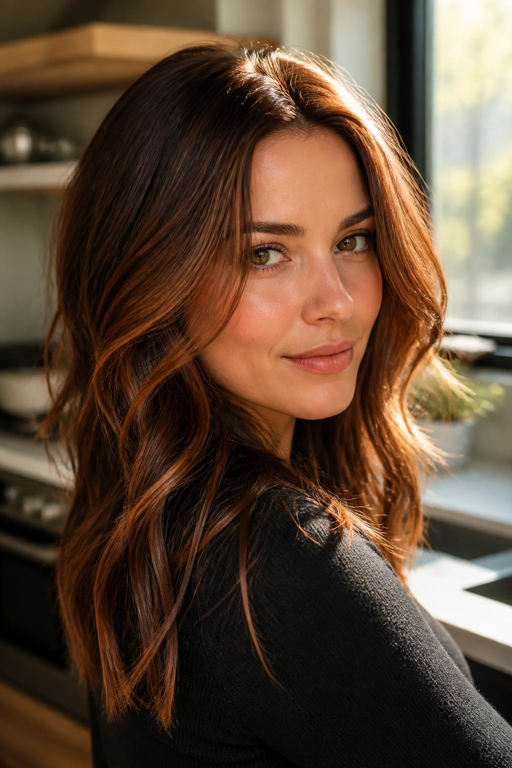 Portrait of a real woman with copper-glazed brunette hair