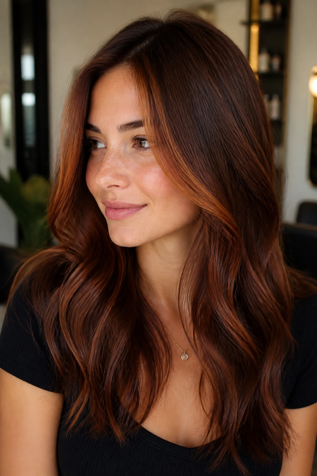 Close-up of a real woman showing copper face-framing highlights on chestnut brunette hair in a salon setting