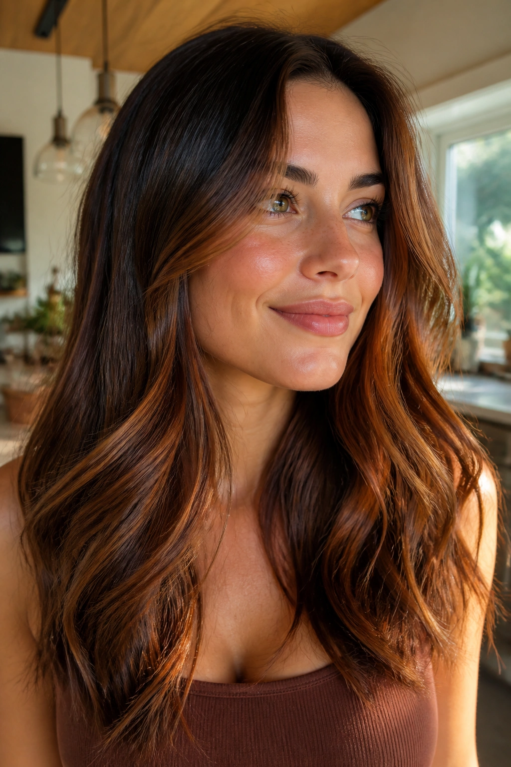 Portrait of a real woman with copper gloss over brunette lengths in a sunlit home.