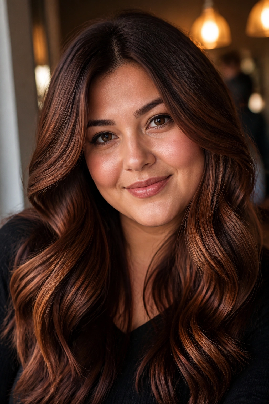 Close-up of a real woman with warm copper gloss over chocolate brown hair.