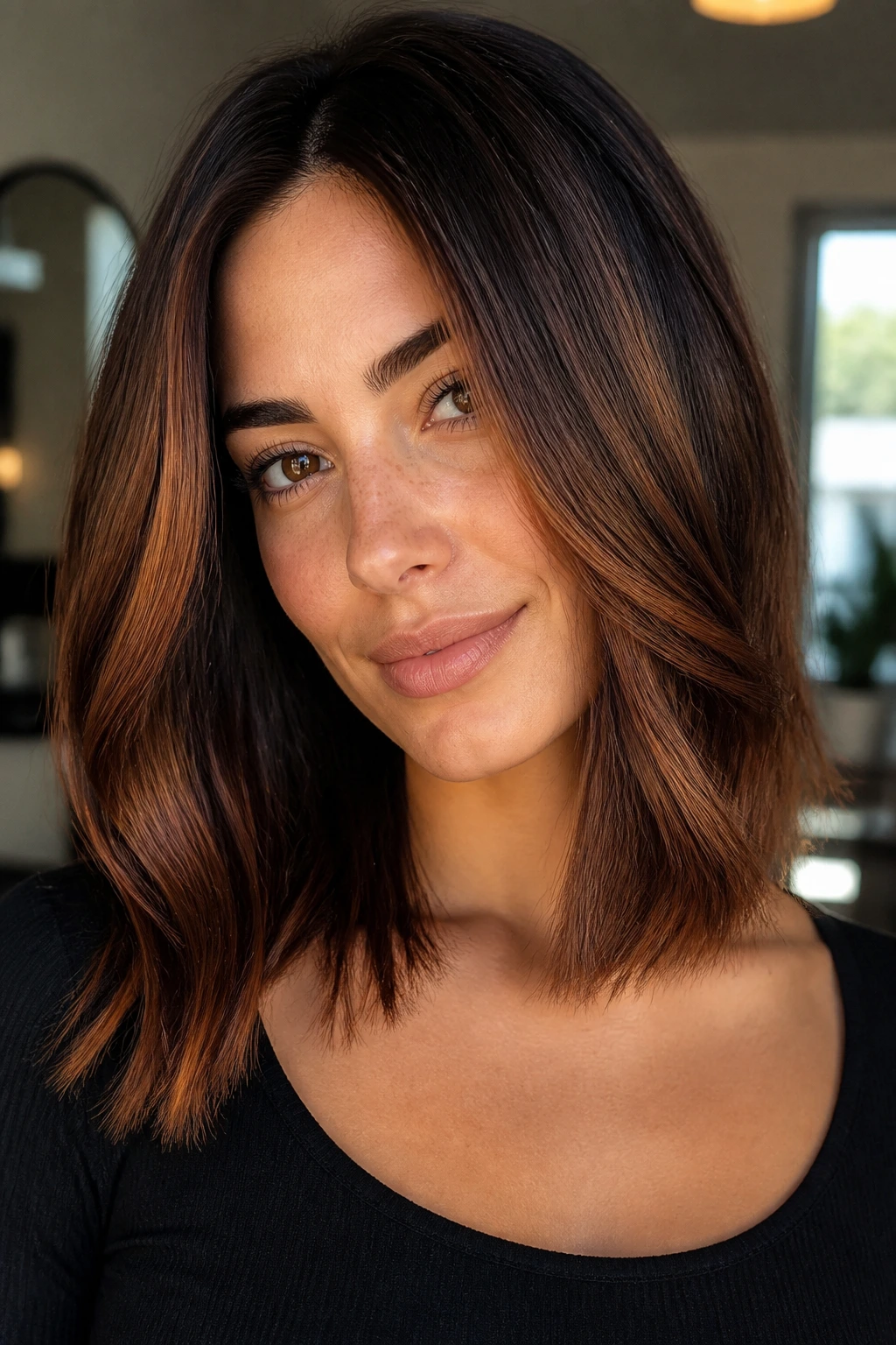 Close-up of espresso brown hair with copper gloss highlights