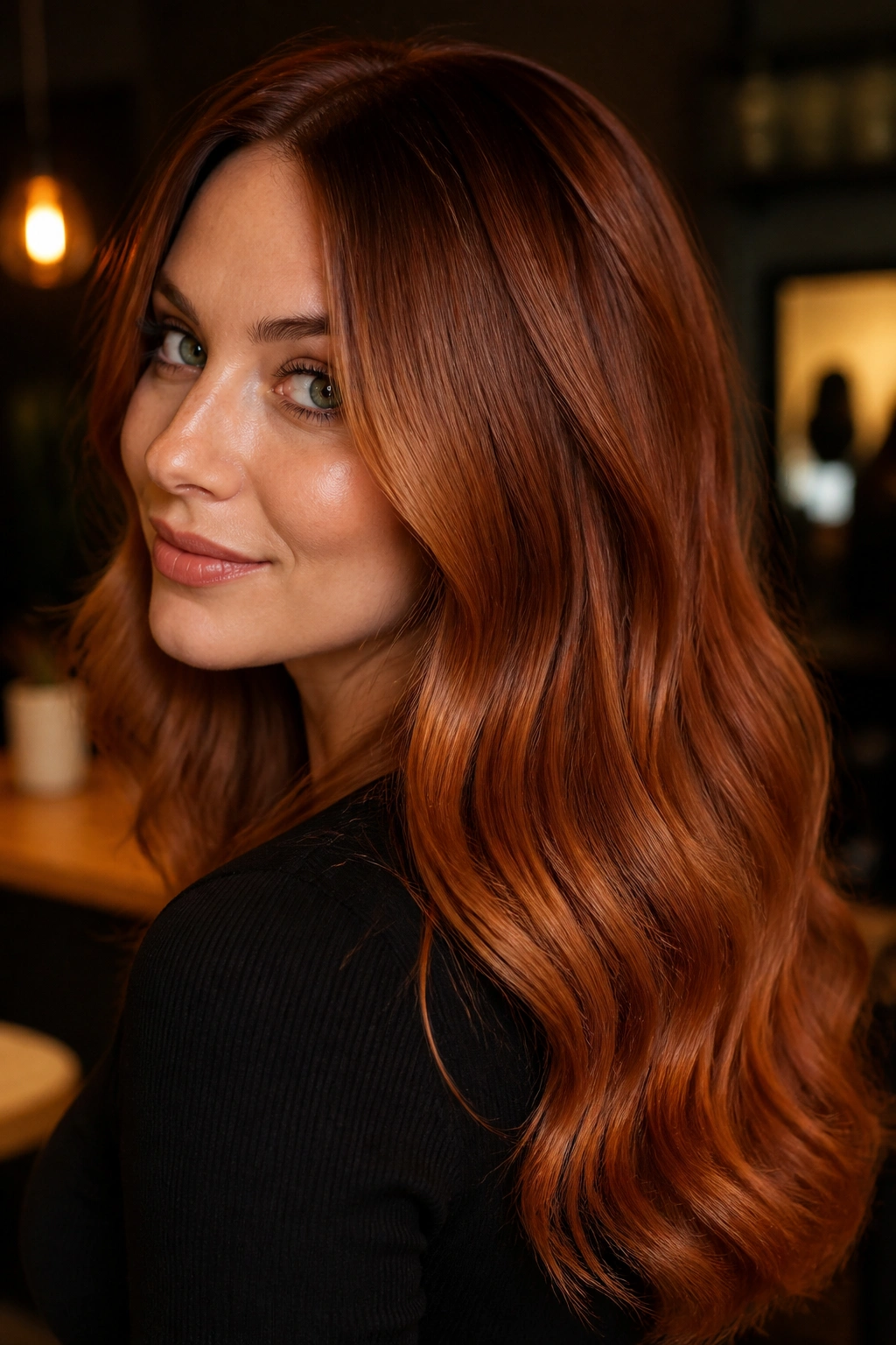 Portrait of a real woman with copper gloss hair showing root depth and cinnamon-copper ends.
