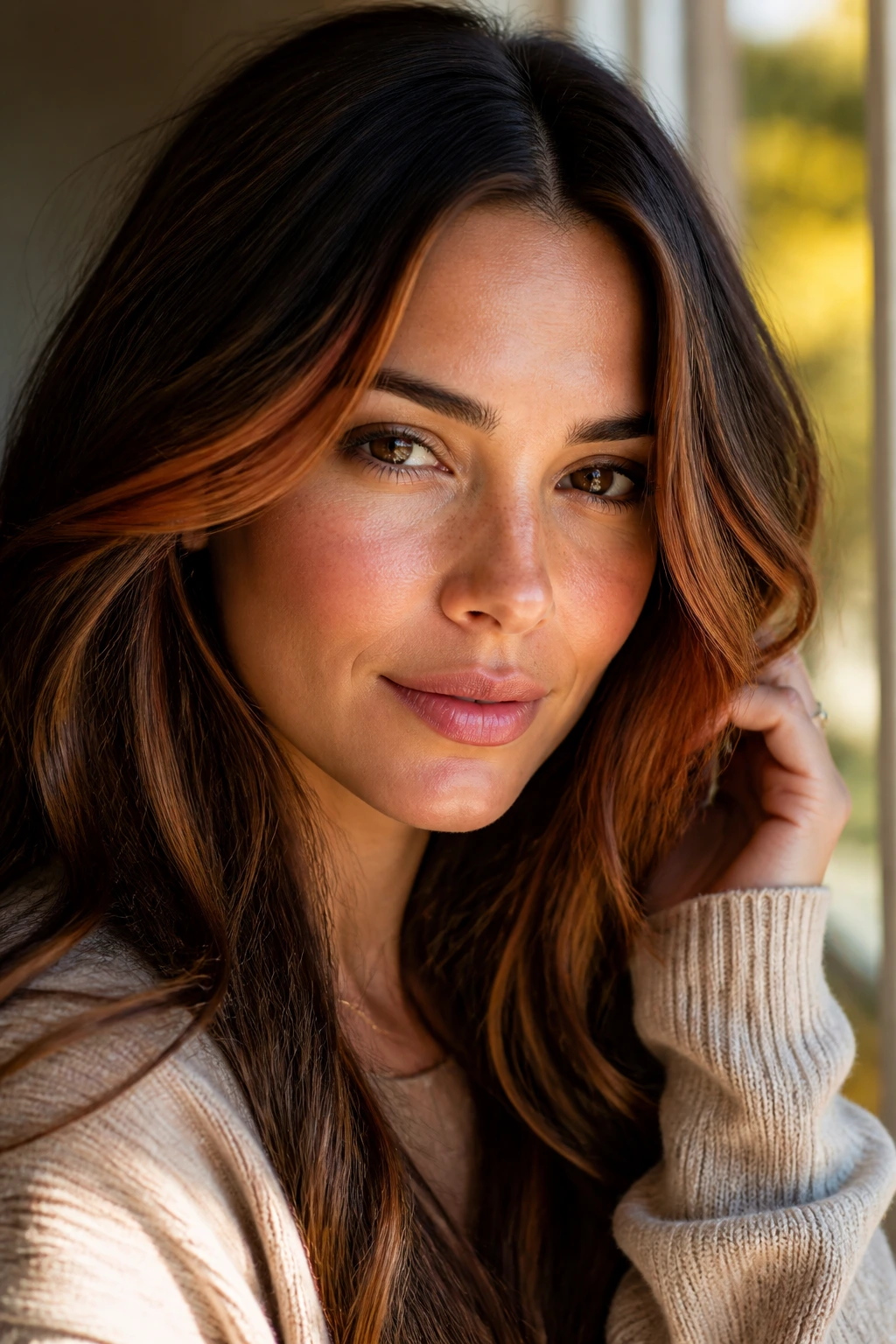 Close-up of a real woman with copper-toned front highlights framing brown hair