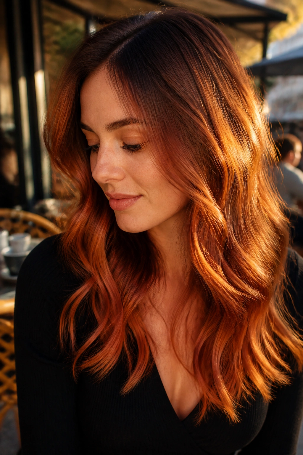 Close-up of copper glow ombre on wavy hair during golden hour outdoors