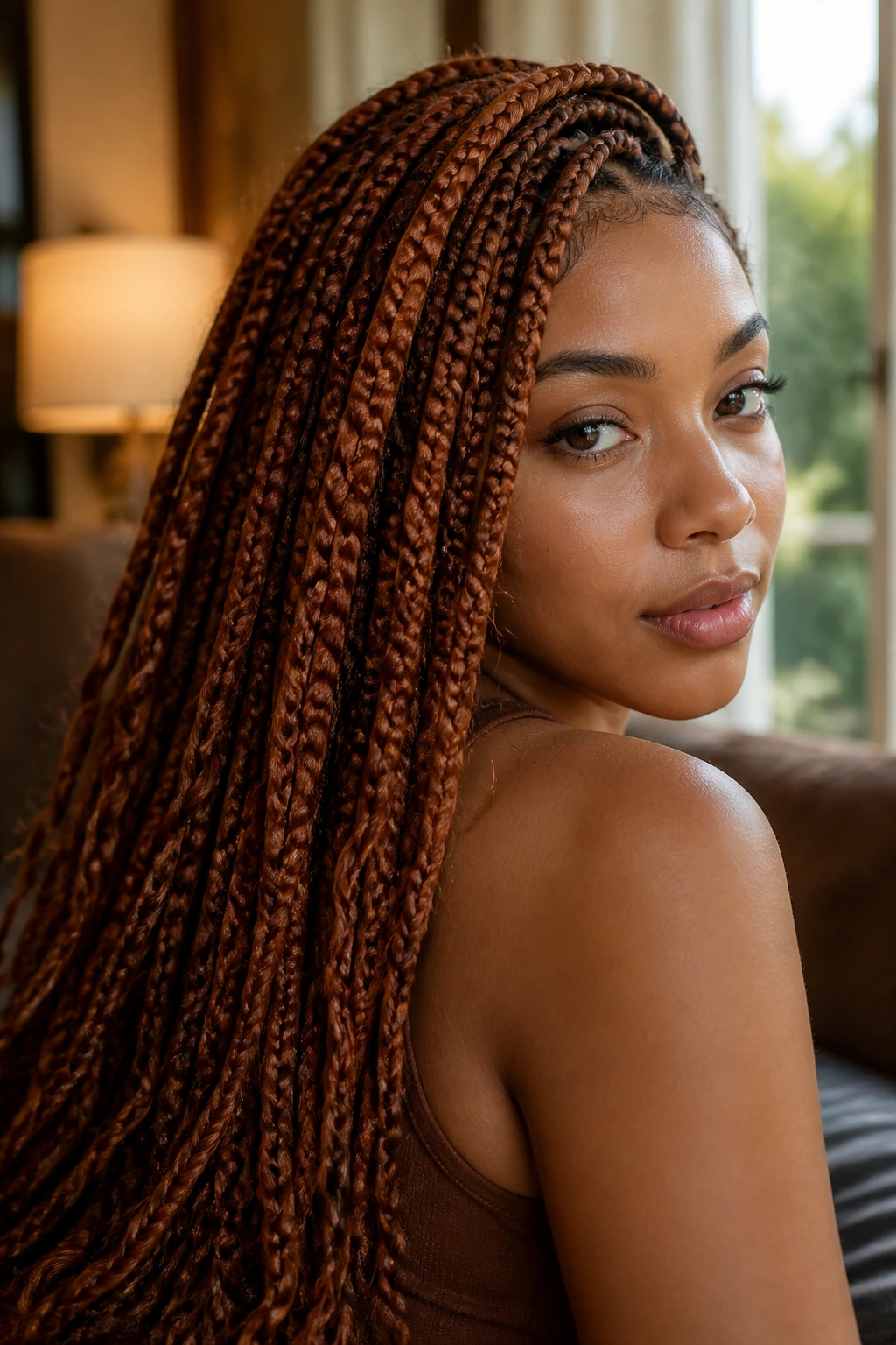 Close-up portrait of a real person with copper goddess braids