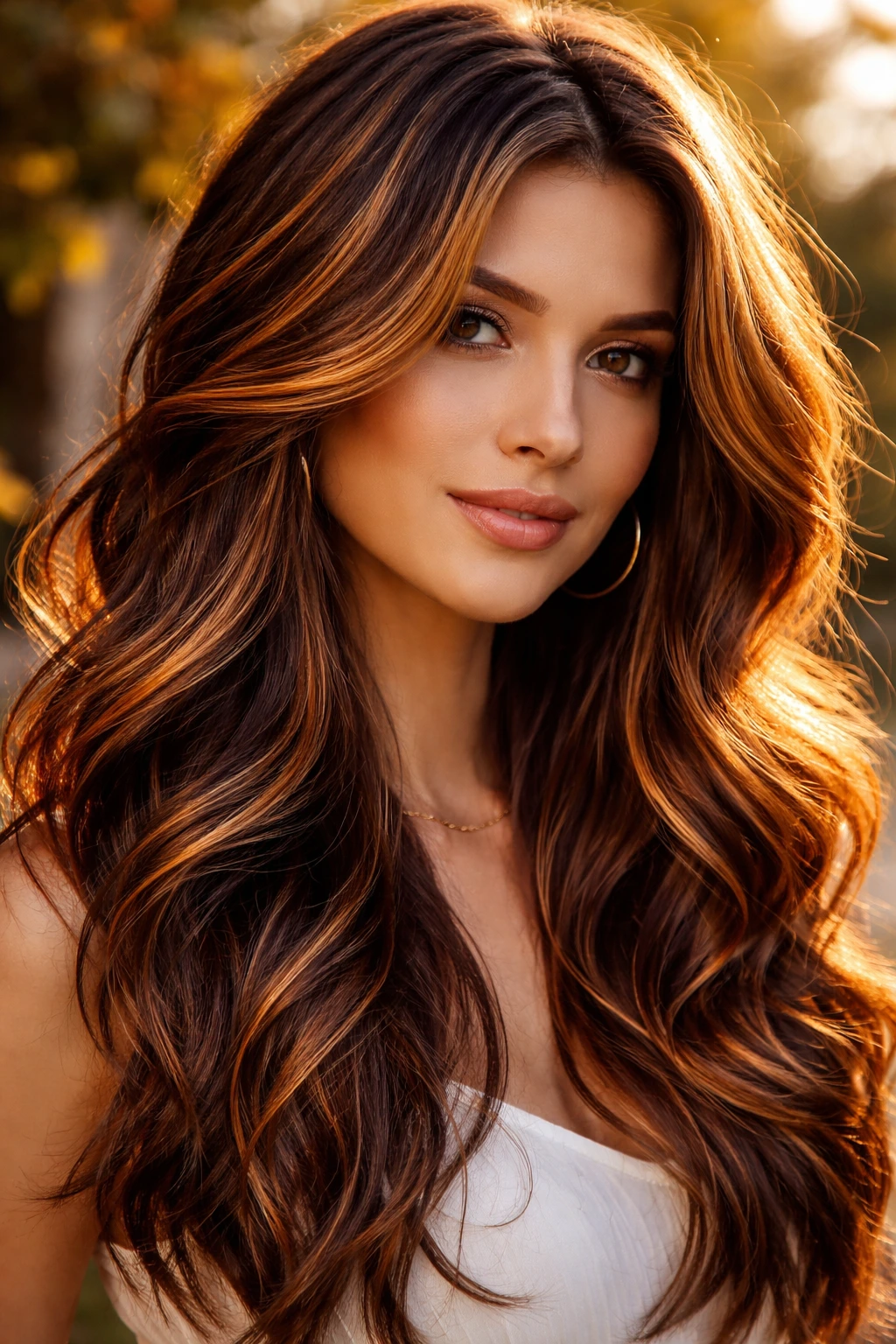 Close-up of real woman's hair featuring copper and gold ribbons